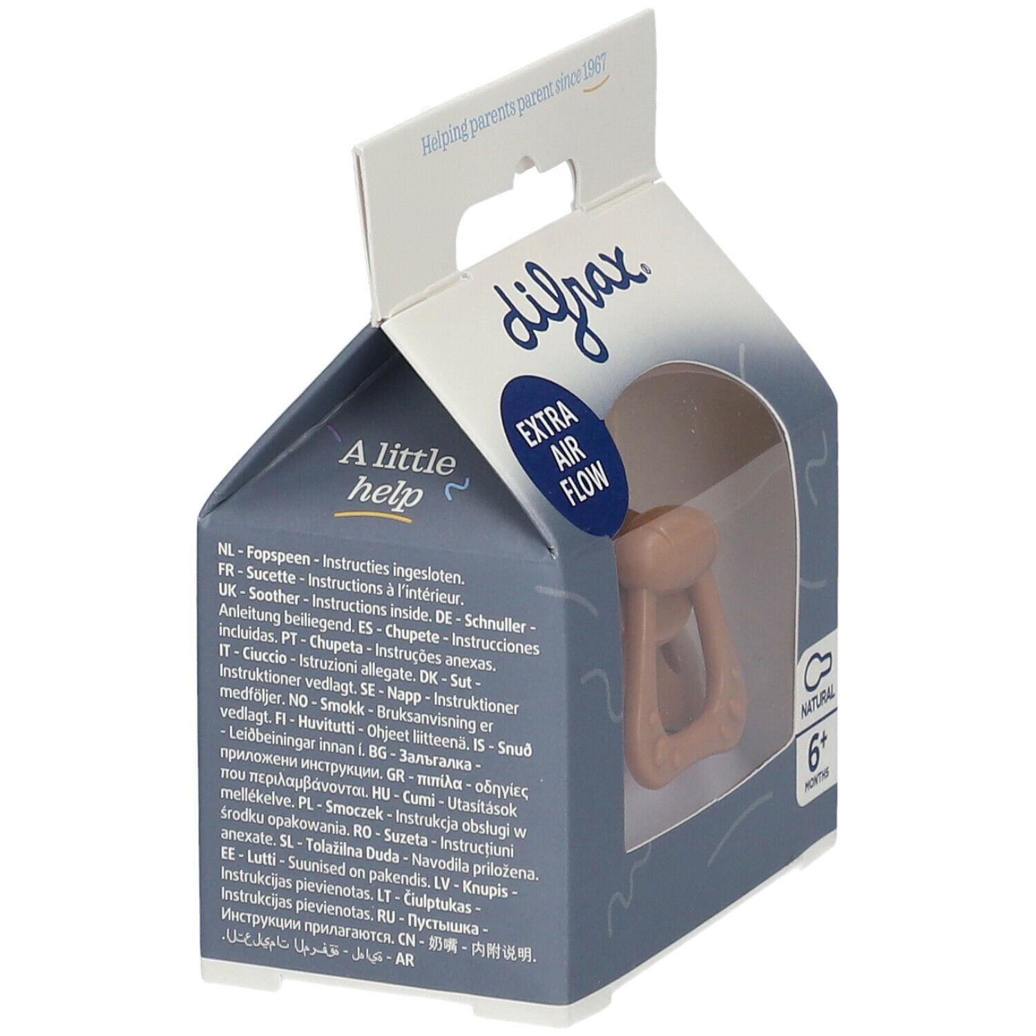 Emballage avec une sucette. Marque Difrax, 'Extra Air Flow', '6+ mois'. Instructions multilingues.