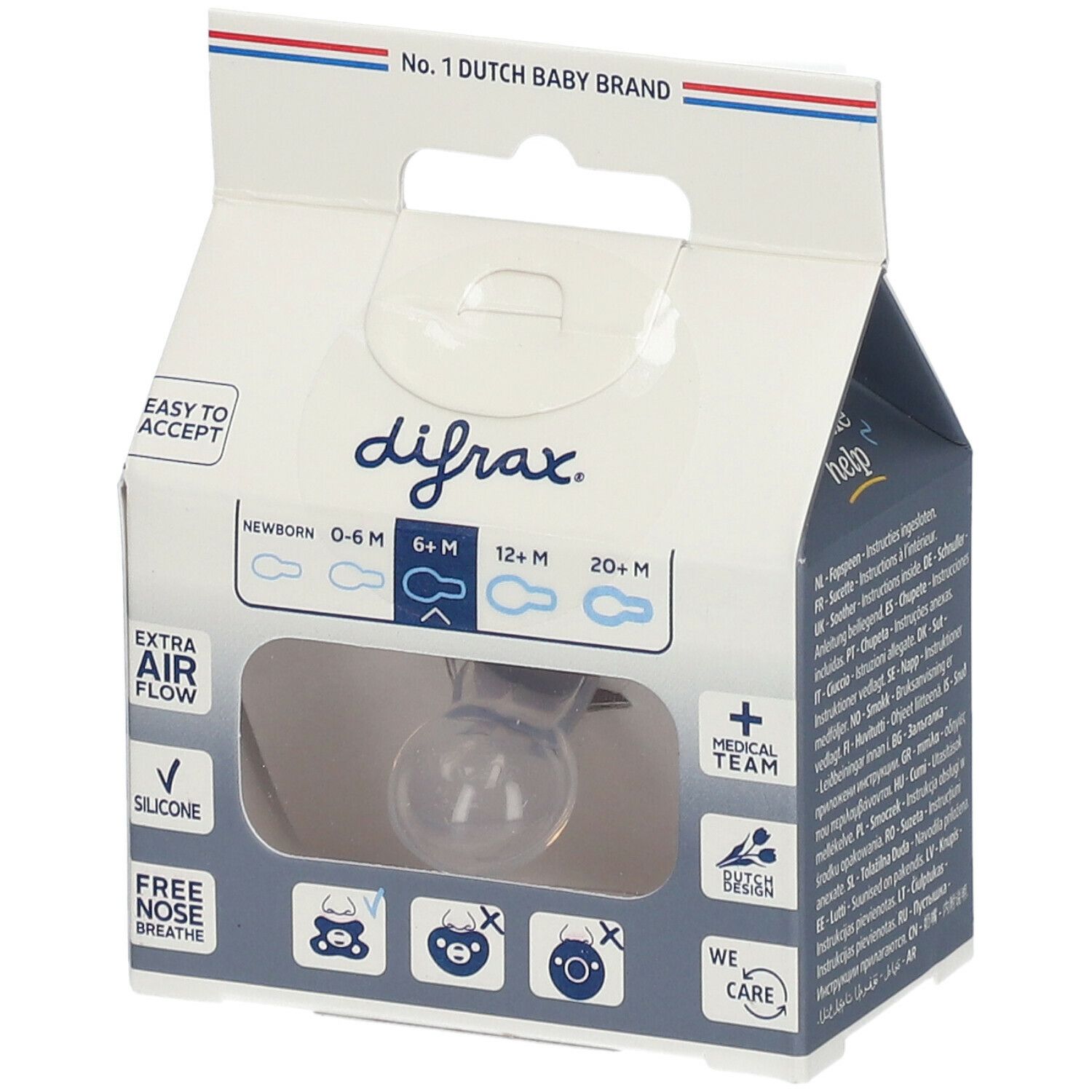 Emballage avec une sucette transparente. Marque Difrax, 'Extra Air Flow', '6+ mois'. 'Silicone' et 'Free Nose Breathe'.