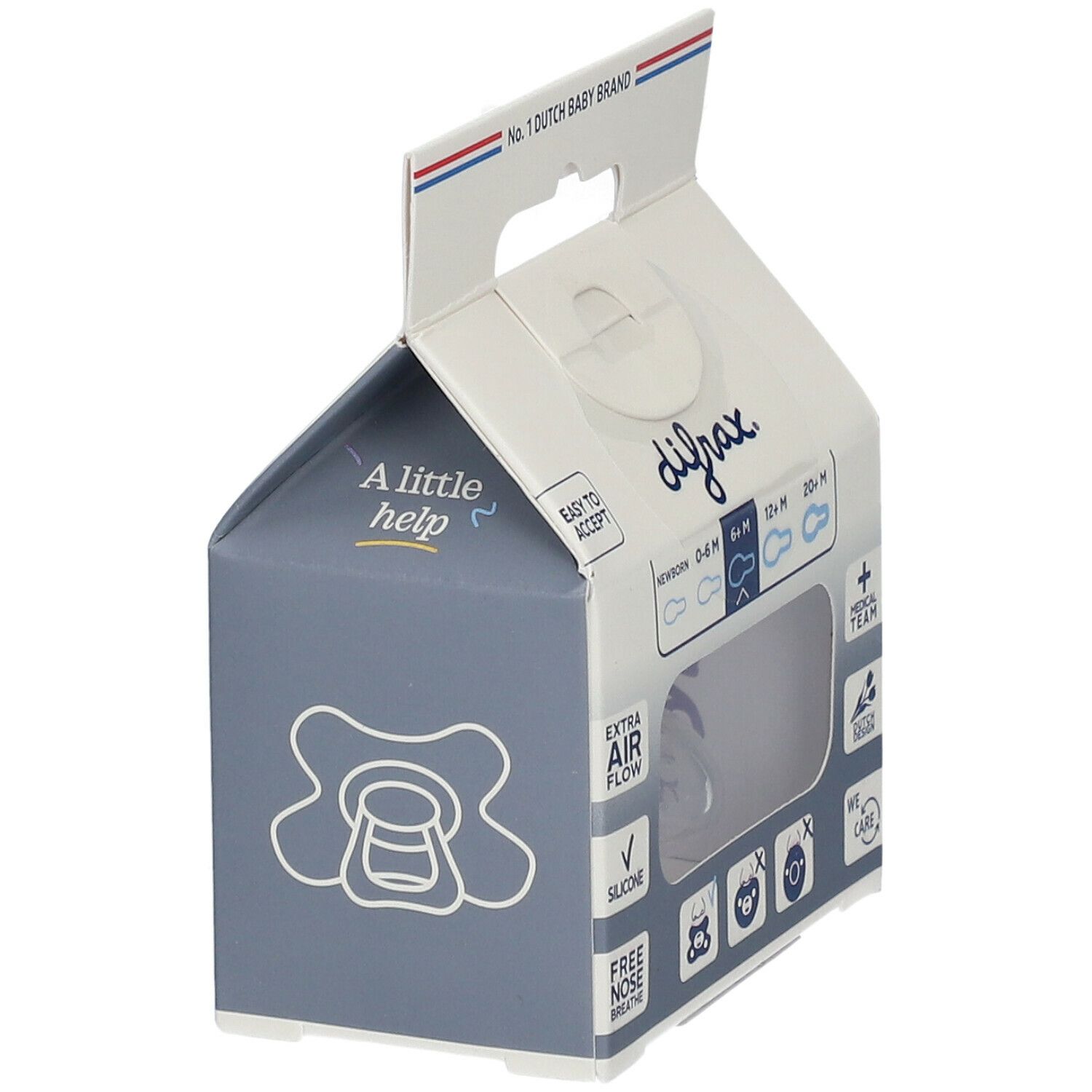 Emballage avec une sucette transparente. Marque Difrax, 'Extra Air Flow', '6+ mois'. 'Silicone' et 'Free Nose Breathe'.
