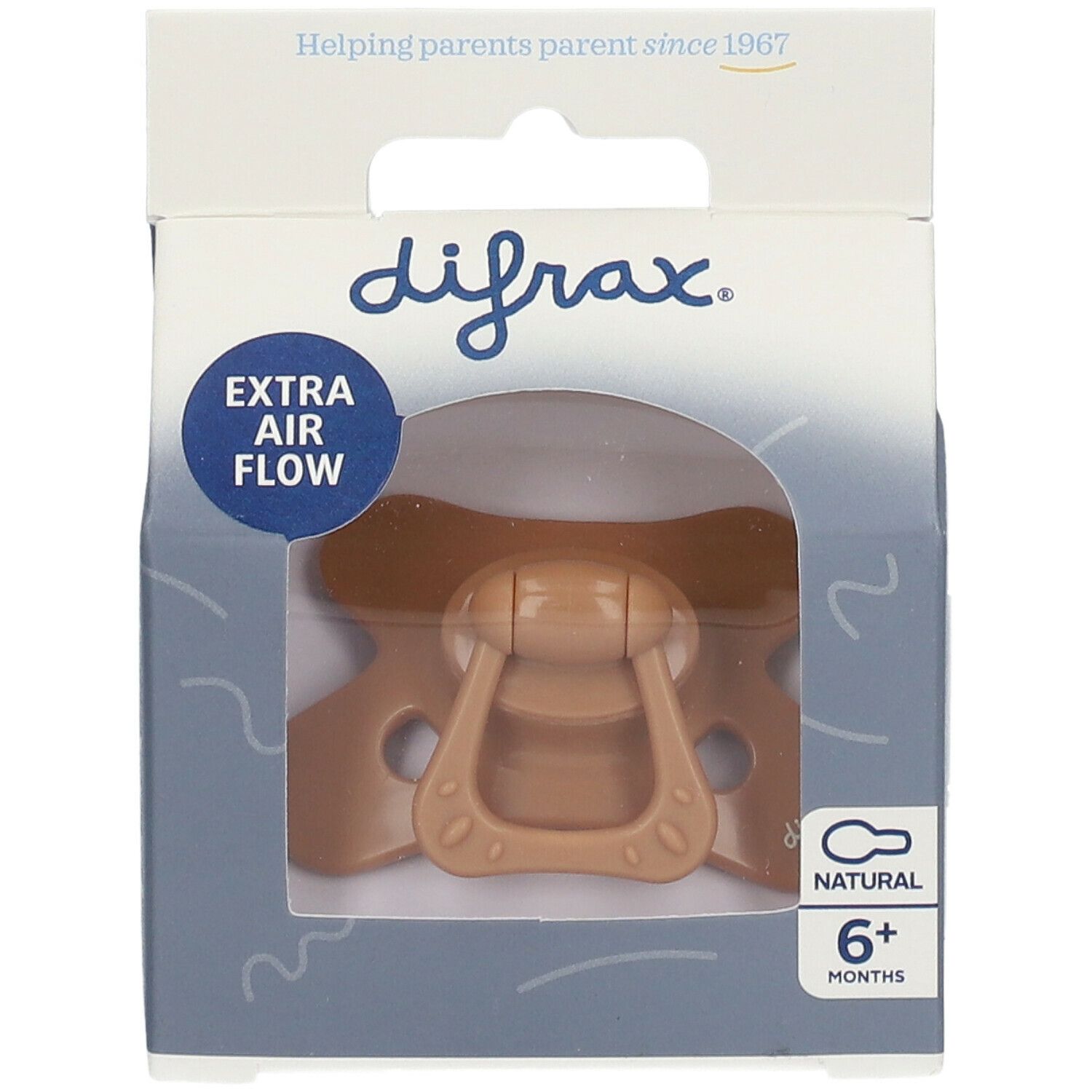 Emballage avec une sucette beige. Marque Difrax, 'Extra Air Flow', '6+ mois'.