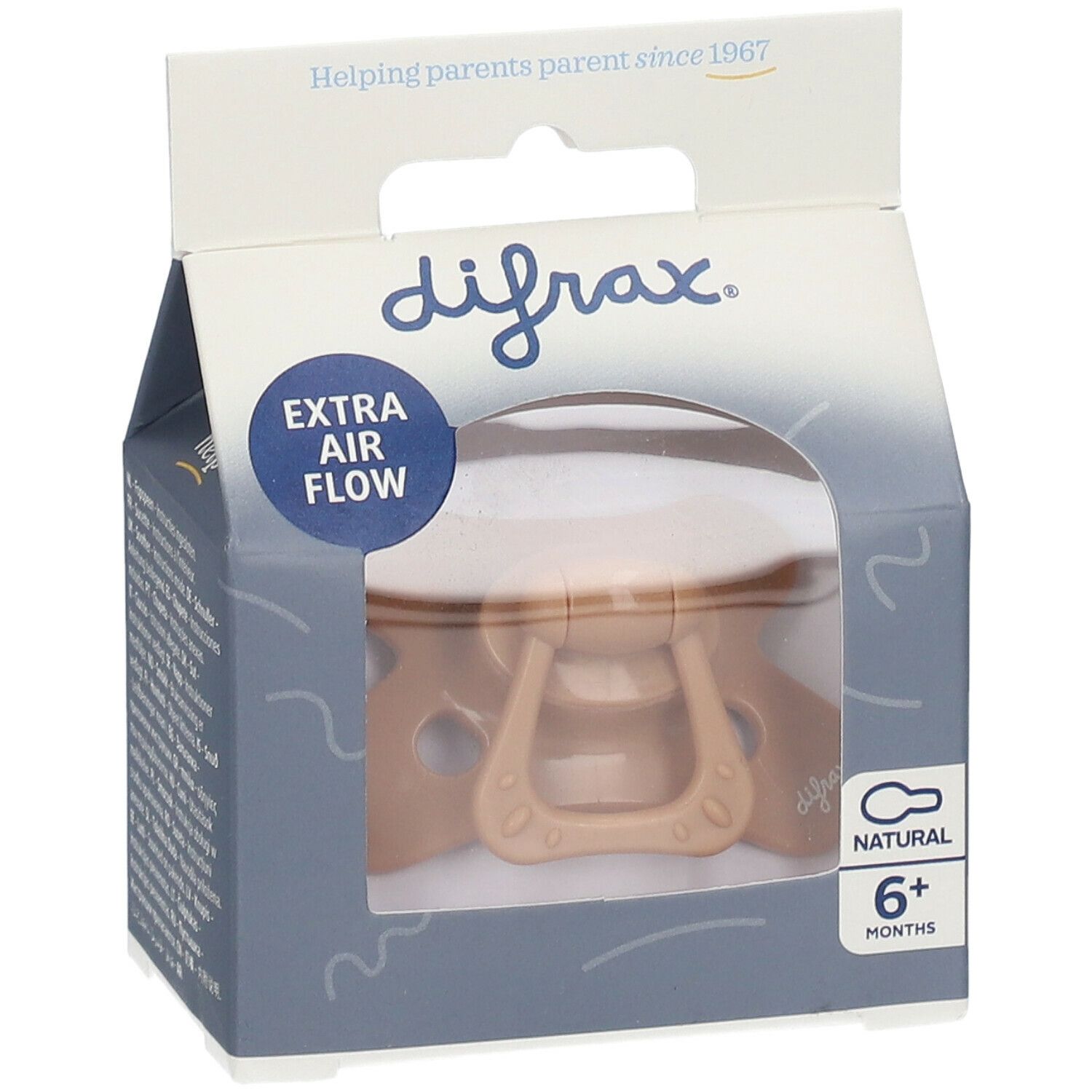 Emballage avec une sucette beige. Marque Difrax, 'Extra Air Flow', '6+ mois'.