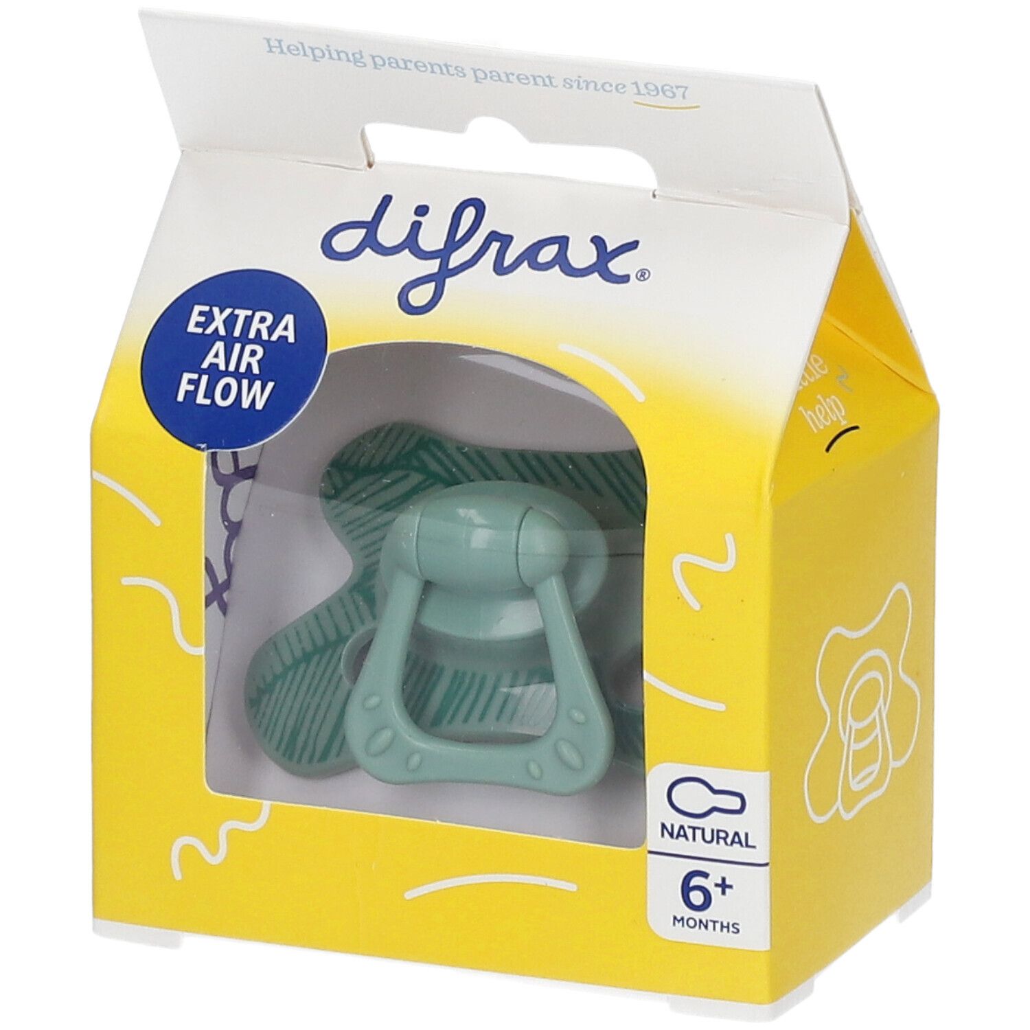 Sucette en silicone naturel DIFRAX 6+ mois, emballage jaune. Tétine et bouclier verts. Inscription "Extra Air Flow".