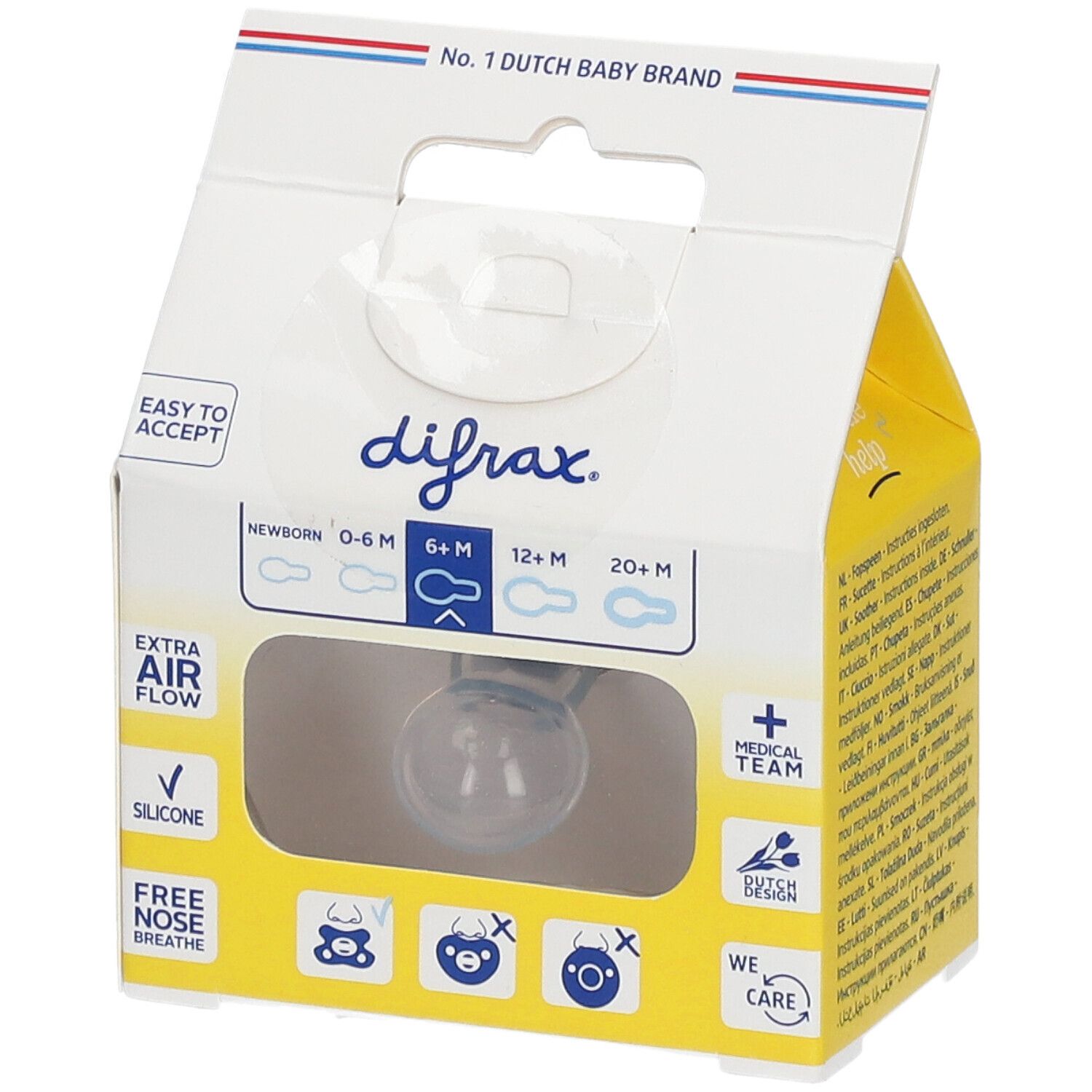 Sucette DIFRAX en emballage. "No. 1 Dutch Baby Brand". Sucette transparente visible. "6+ M" et "Silicone" indiqués.