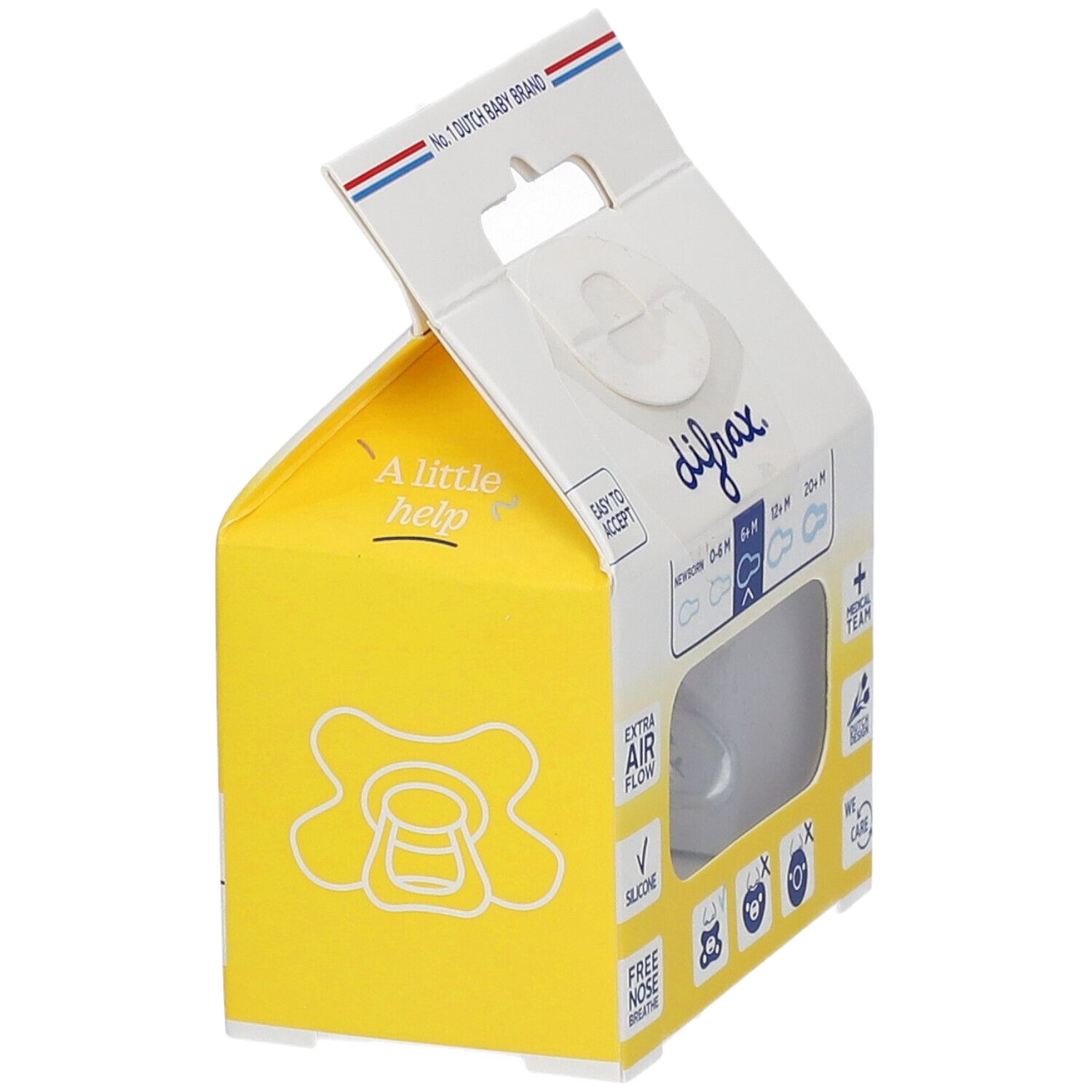 Sucette DIFRAX en emballage jaune. "No. 1 Dutch Baby Brand". Sucette transparente visible. "6+ M" et "Silicone" indiqués.