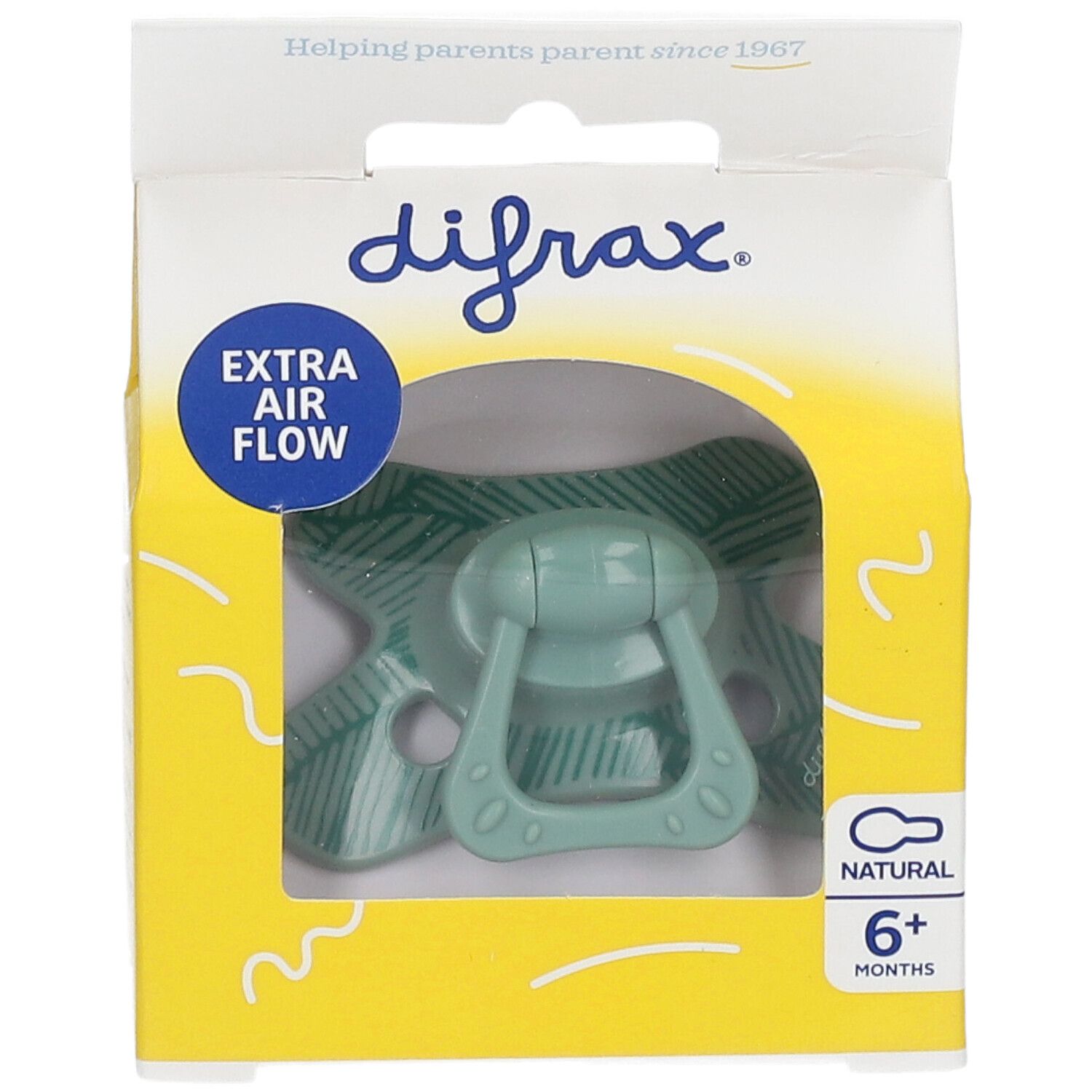 Sucette en silicone naturel DIFRAX 6+ mois, emballage jaune. Tétine et bouclier verts. Inscription "Extra Air Flow".
