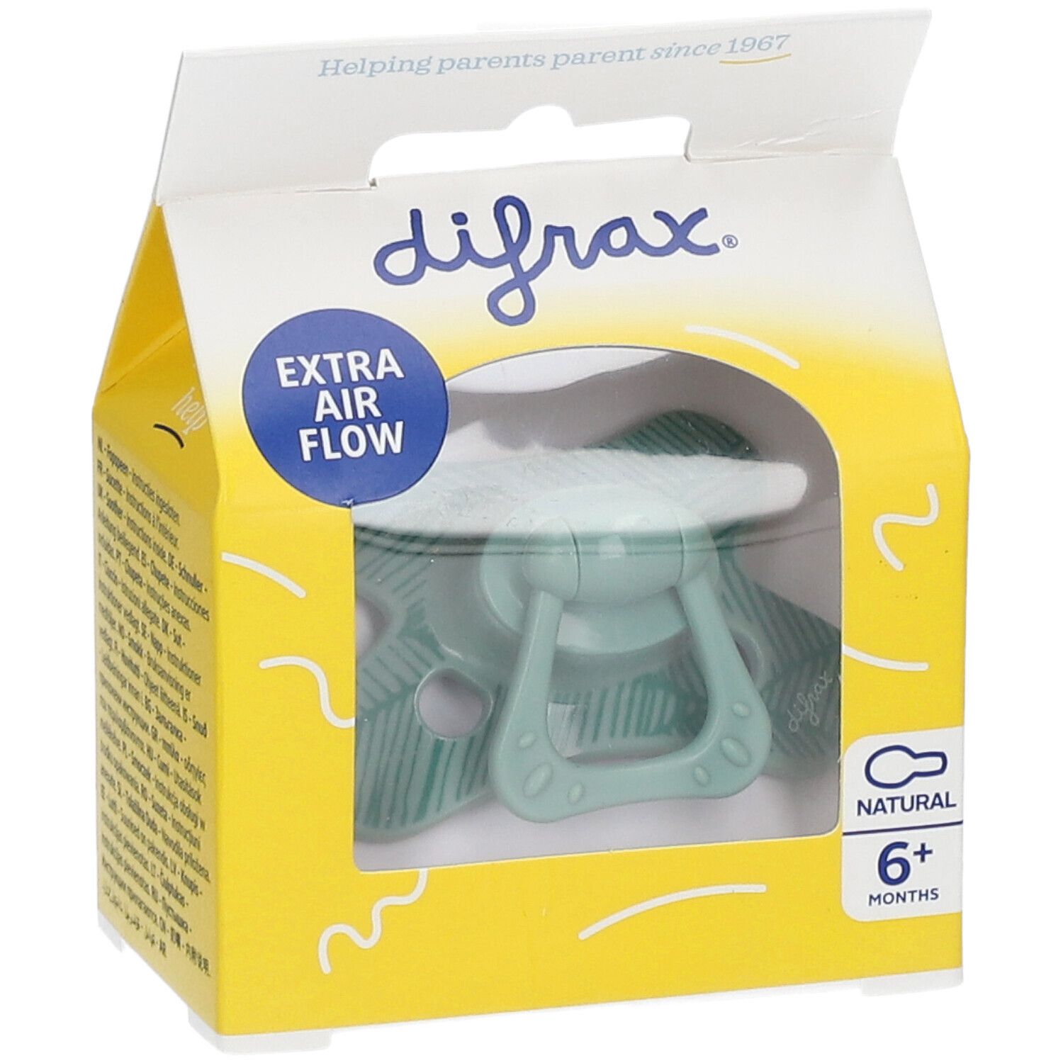 Sucette en silicone naturel DIFRAX 6+ mois, emballage jaune. Tétine et bouclier verts. Inscription "Extra Air Flow".