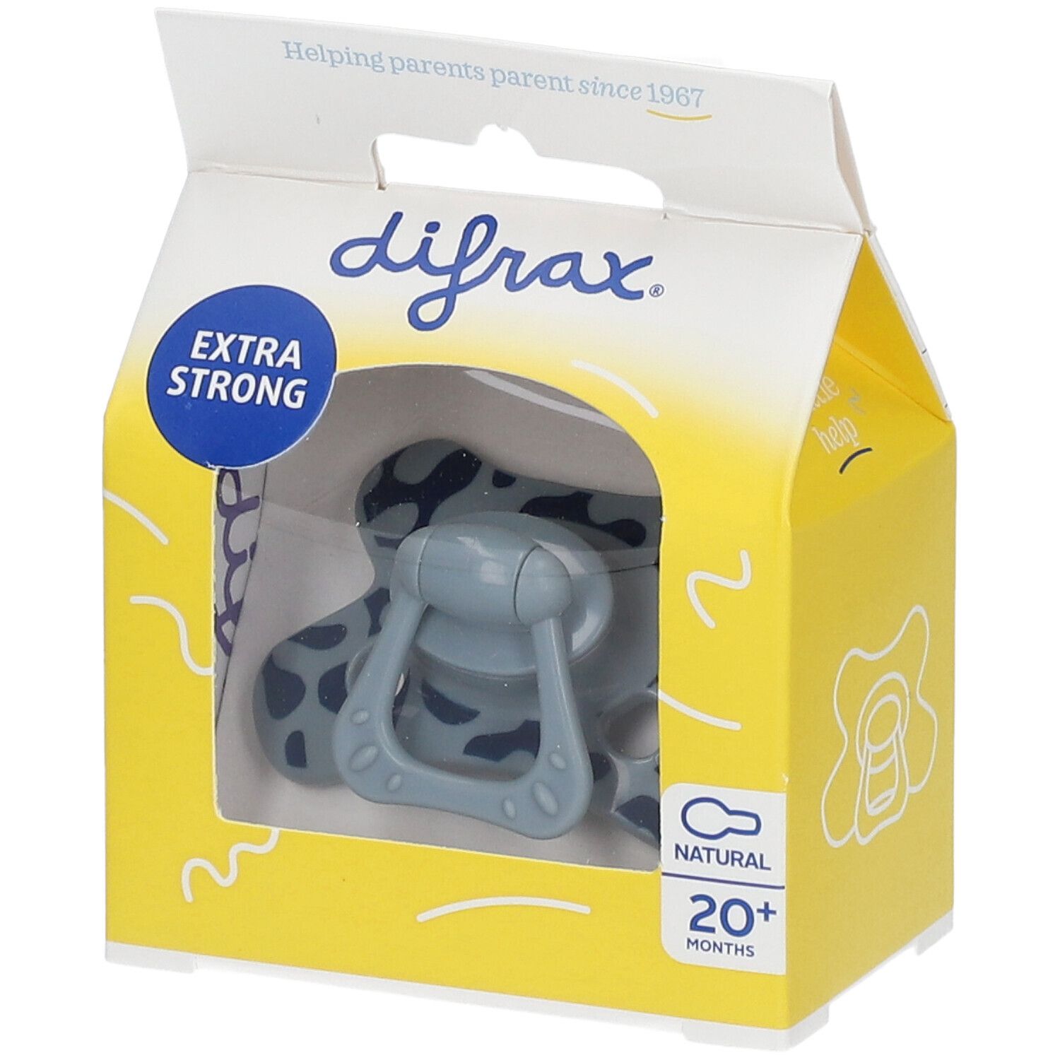 Sucette DIFRAX dans un emballage jaune. Extra Strong. Pour 20+ mois. Tétine en silicone grise avec motif bleu.