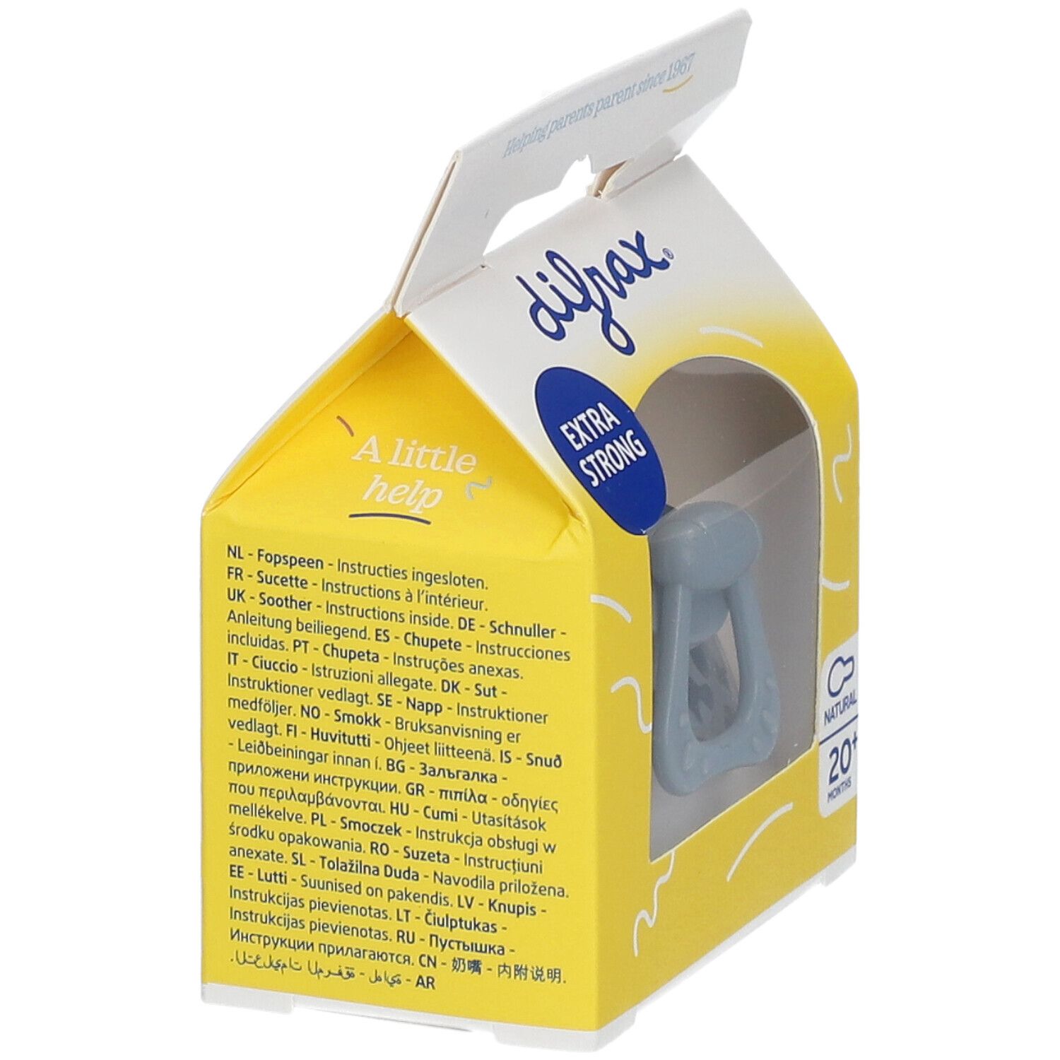 Sucette DIFRAX dans un emballage jaune. Extra Strong. Pour 20+ mois. Tétine en silicone grise.