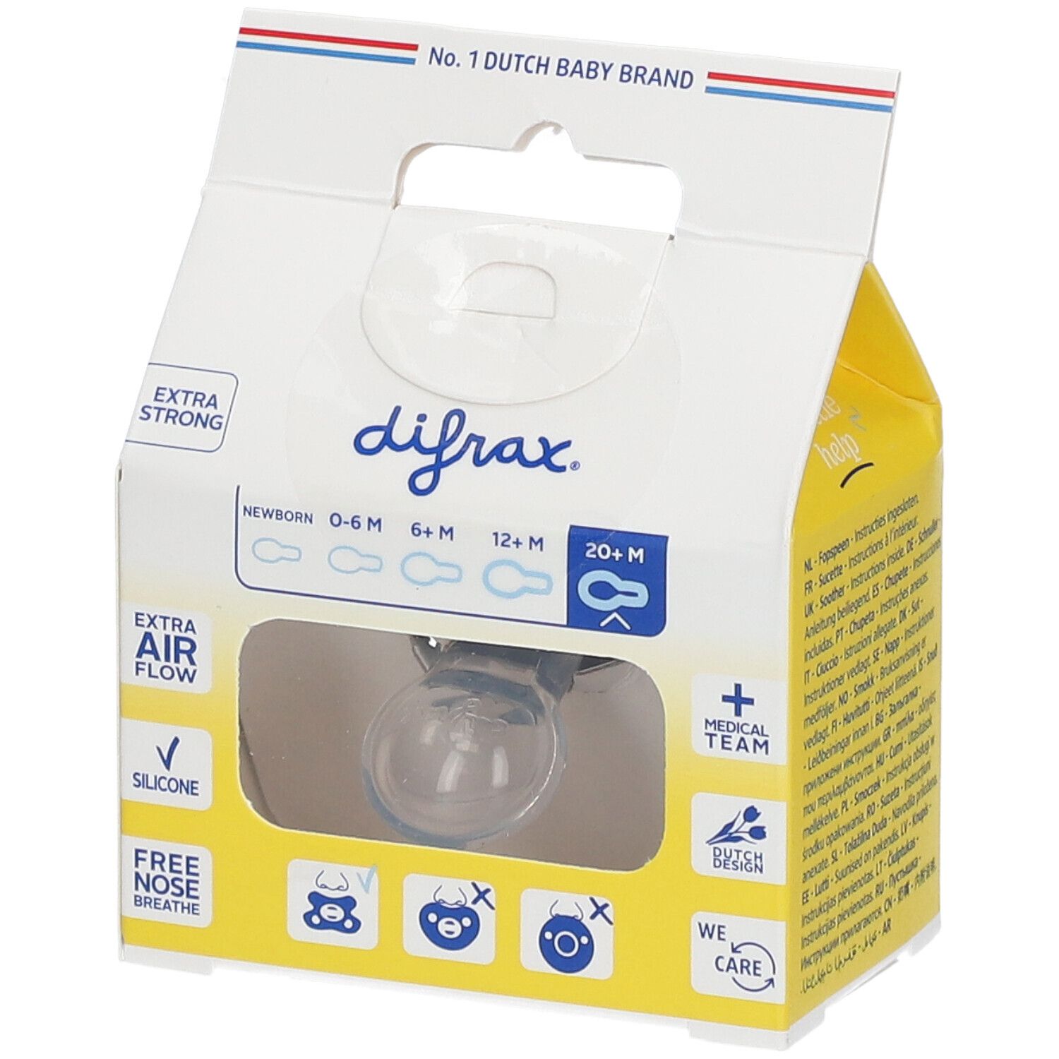 Sucette DIFRAX dans un emballage jaune. Extra Strong. Pour 20+ mois. Tétine en silicone. Visible: 20+ mois.