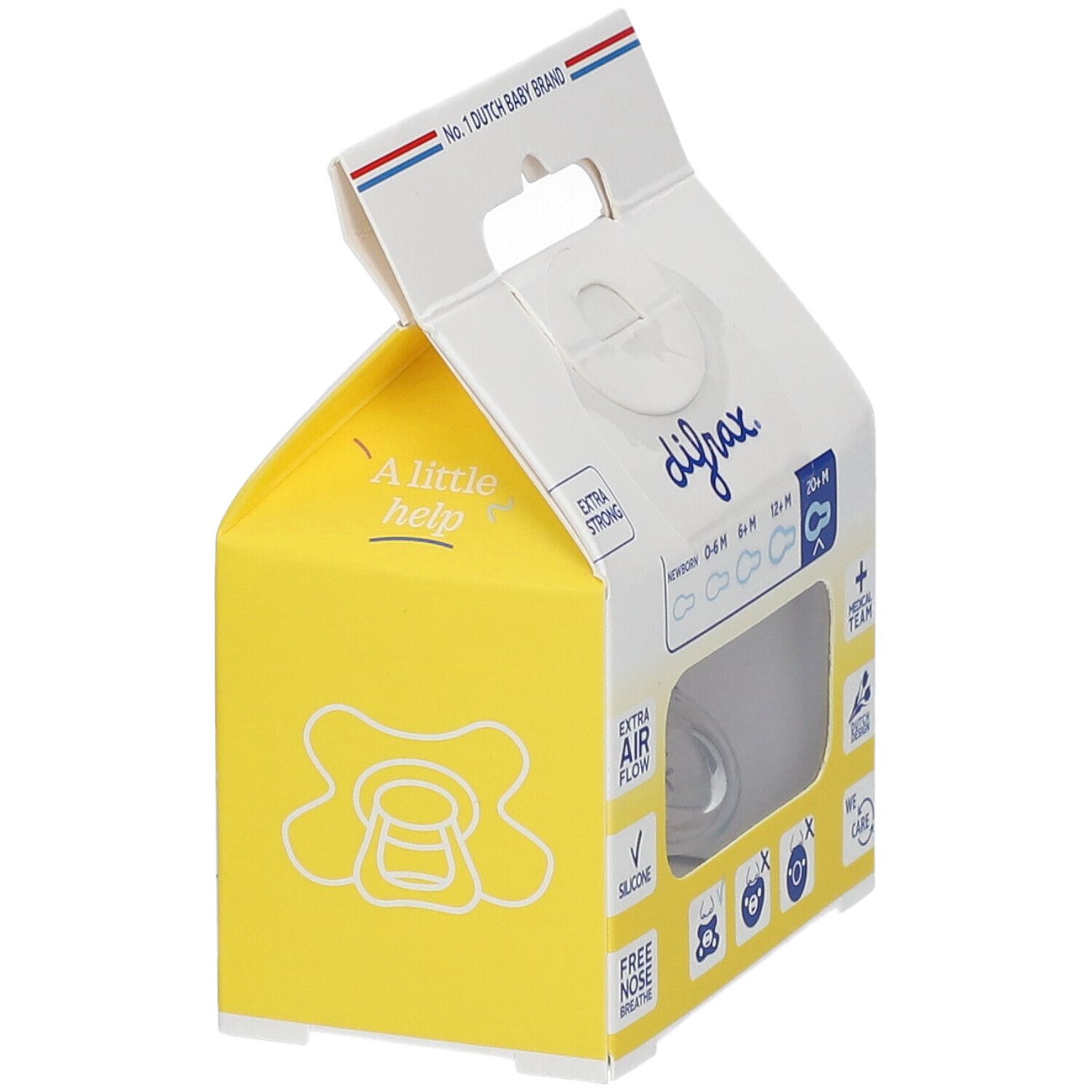 Sucette DIFRAX dans un emballage jaune. Extra Strong. Pour 20+ mois. Tétine en silicone. Visible: 20+ mois.