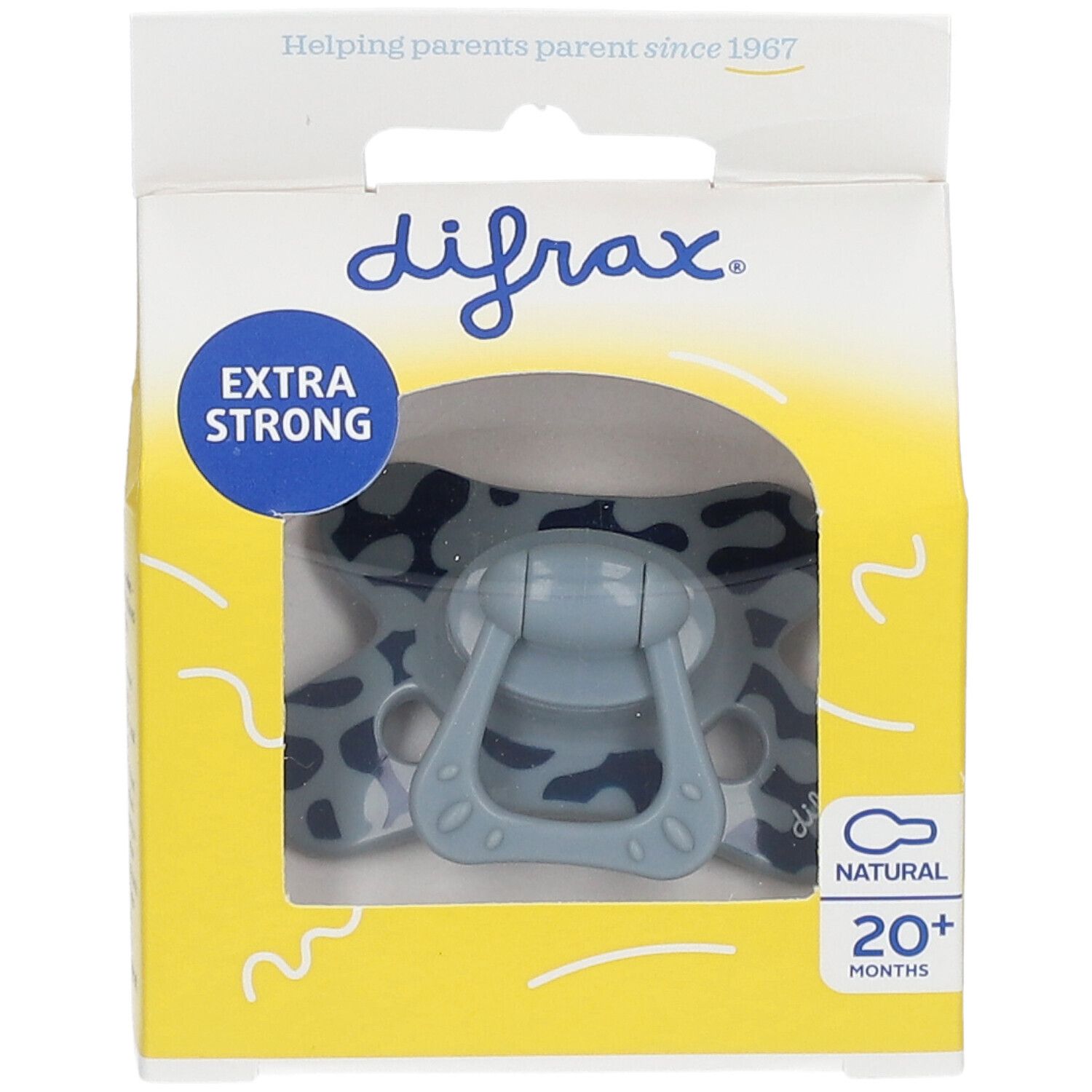 Sucette DIFRAX dans un emballage jaune. Extra Strong. Pour 20+ mois. Tétine en silicone grise avec motif bleu.