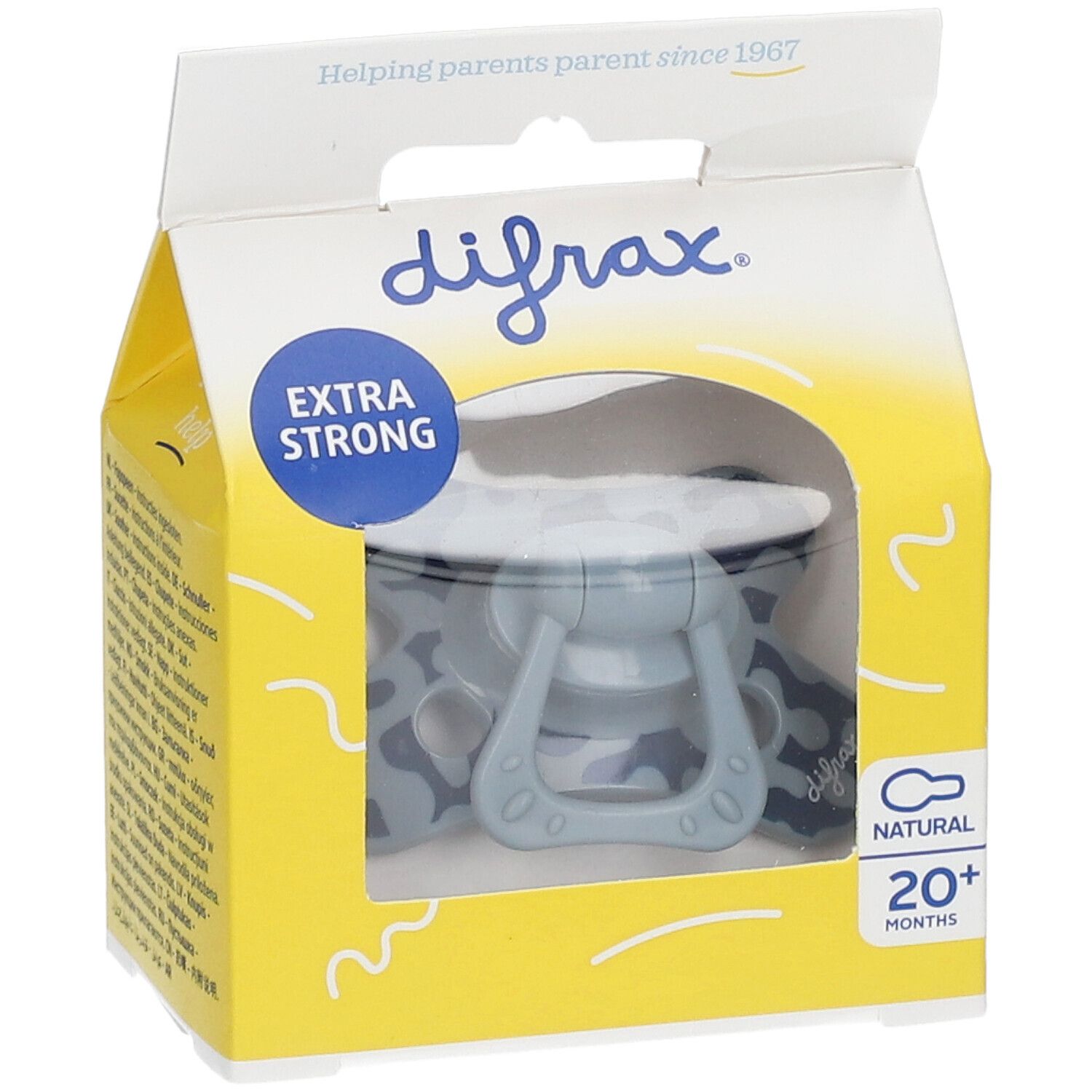 Sucette DIFRAX dans un emballage jaune. Extra Strong. Pour 20+ mois. Tétine en silicone grise avec motif bleu.
