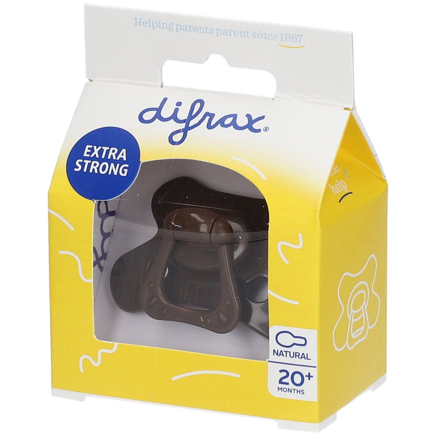 Emballage jaune et blanc avec tétine marron. Fenêtre visible sur le produit. Inscriptions: difrax, EXTRA STRONG, NATURAL 20+ MONTHS.