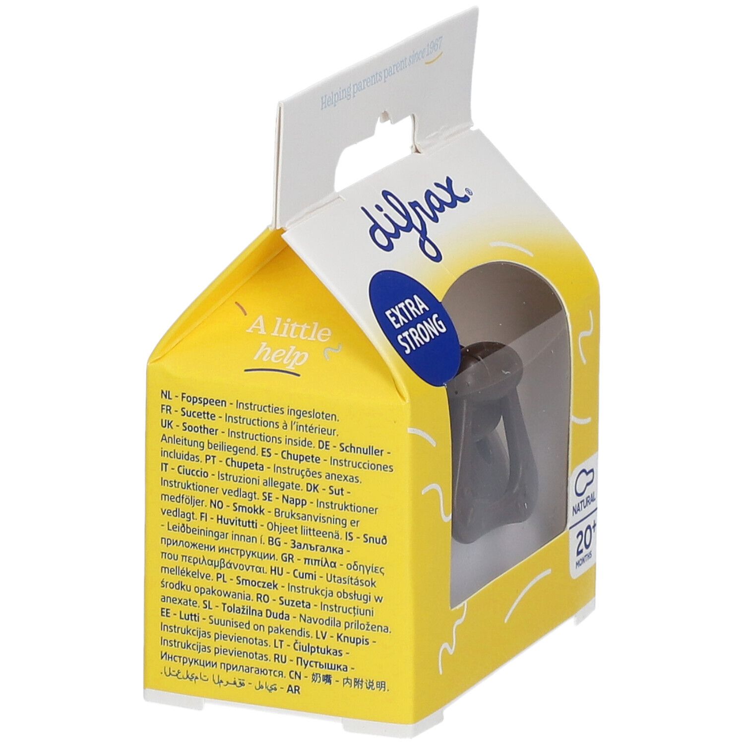 Emballage jaune et blanc avec tétine noire. Fenêtre visible sur le produit. Inscriptions: difrax, EXTRA STRONG, NATURAL 20+ MONTHS.