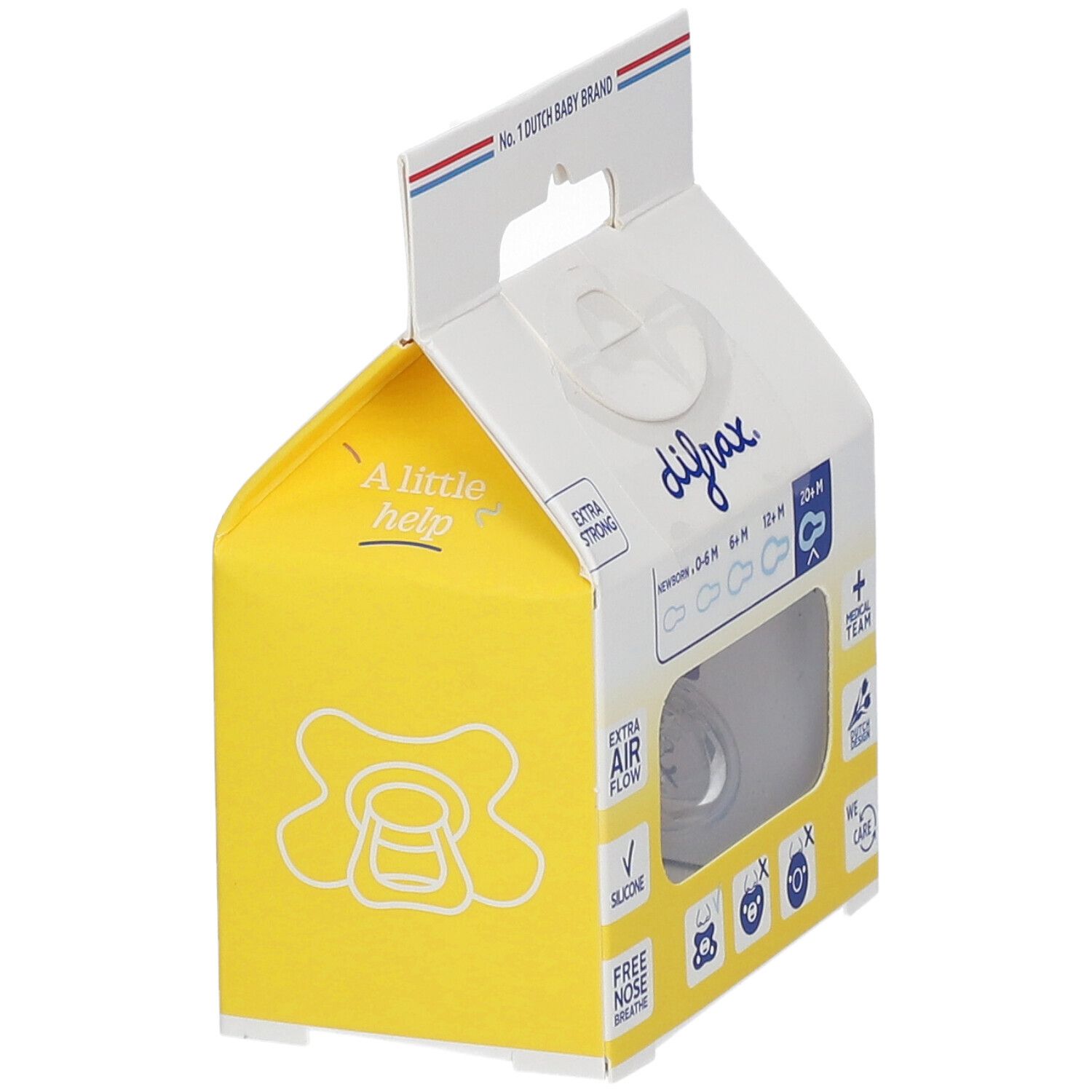 Emballage jaune et blanc avec tétine transparente. Fenêtre visible sur le produit. Inscriptions: difrax, EXTRA AIR FLOW, SILICONE, FREE NOSE BREATHE.