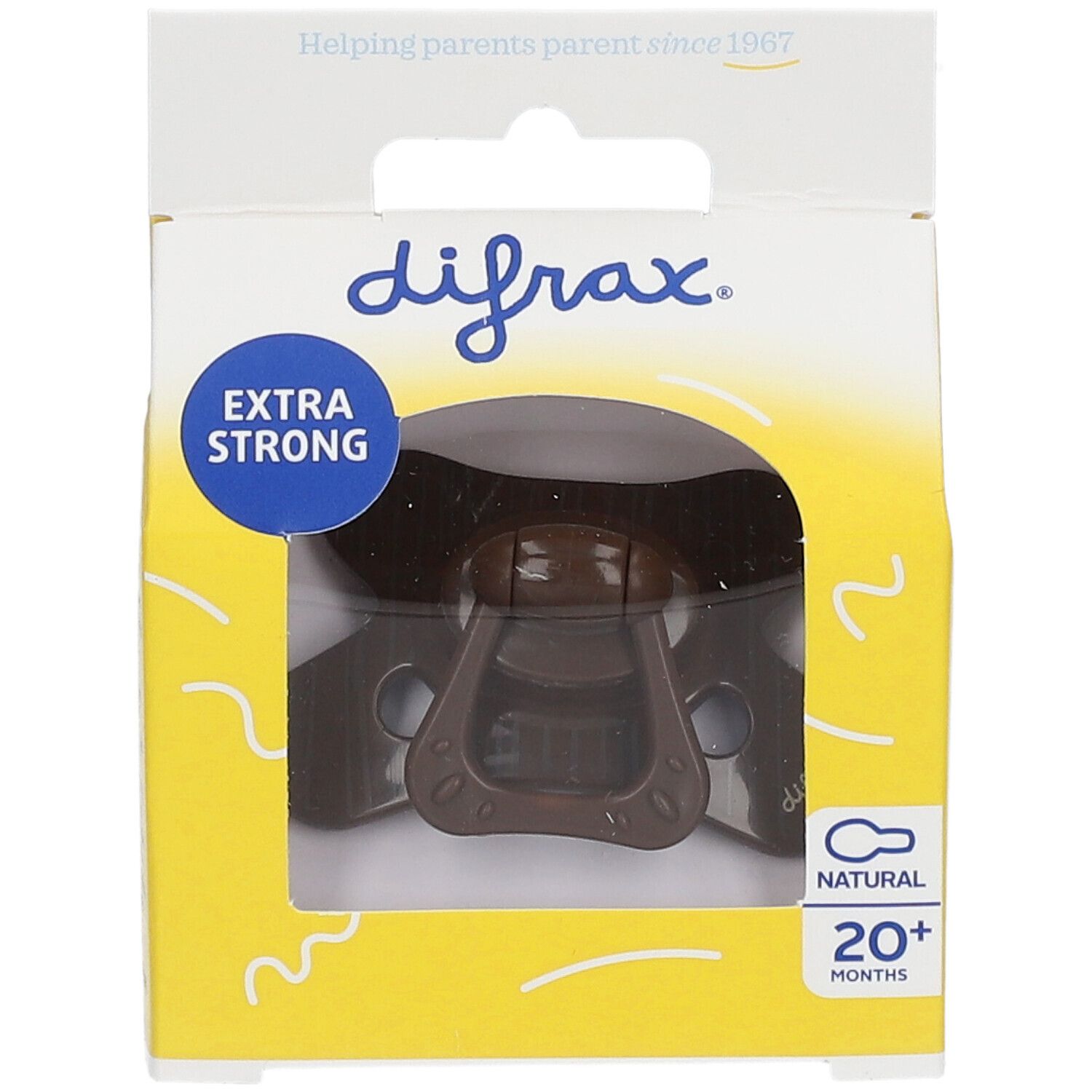 Emballage avec tétine marron. Fenêtre visible sur le produit. Inscriptions: difrax, EXTRA STRONG, NATURAL 20+ MONTHS.