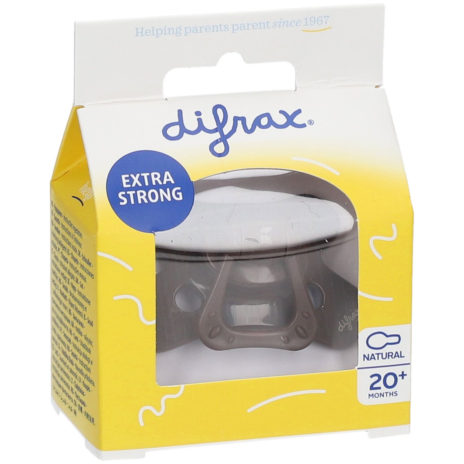Emballage avec tétine marron. Fenêtre visible sur le produit. Inscriptions: difrax, EXTRA STRONG, NATURAL 20+ MONTHS.