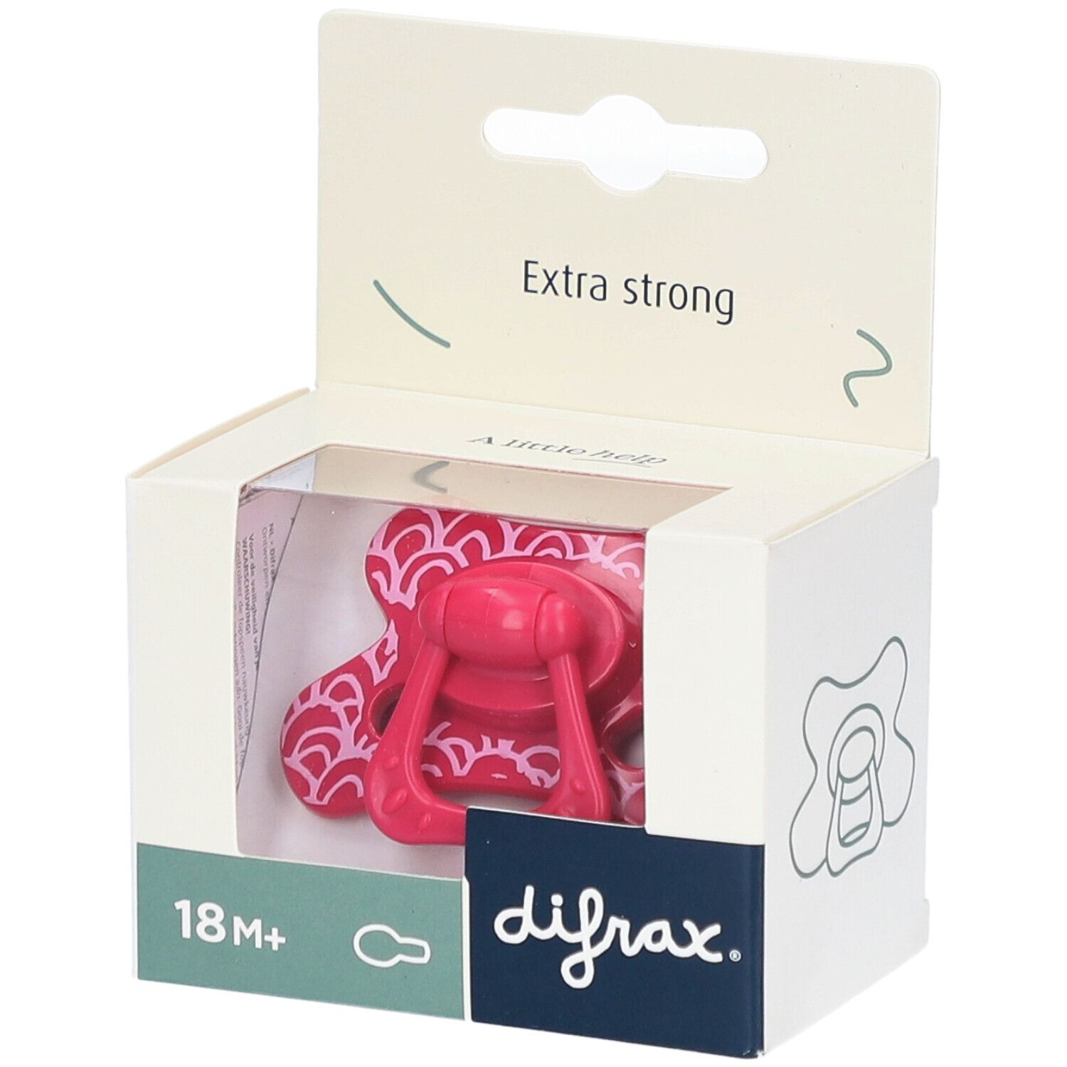 Sucette rose dans un emballage jaune. Inscription : Extra Strong, 20+ mois, Natural.