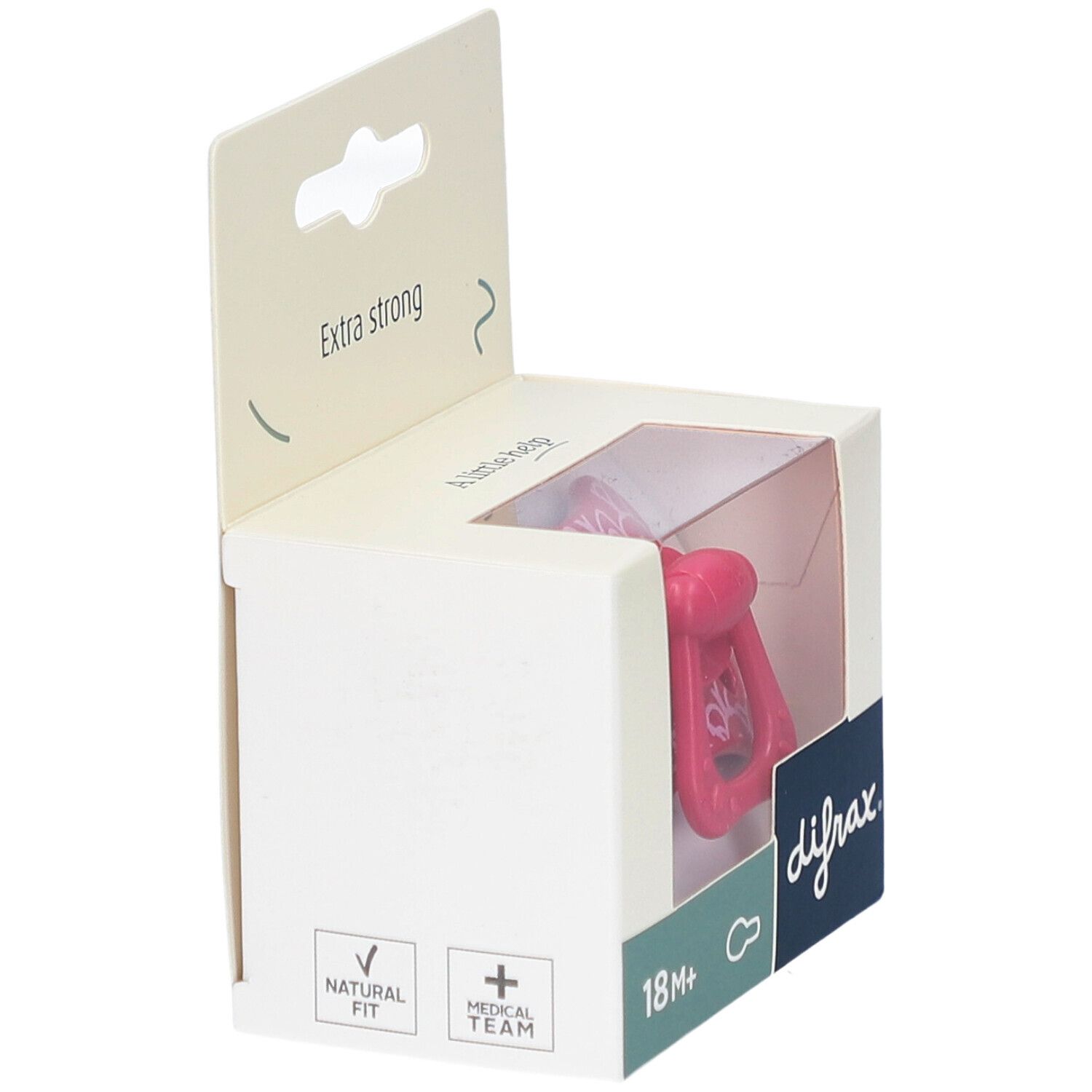 Sucette rose dans un emballage jaune. Inscription : Extra Strong, 20+ mois, Natural.