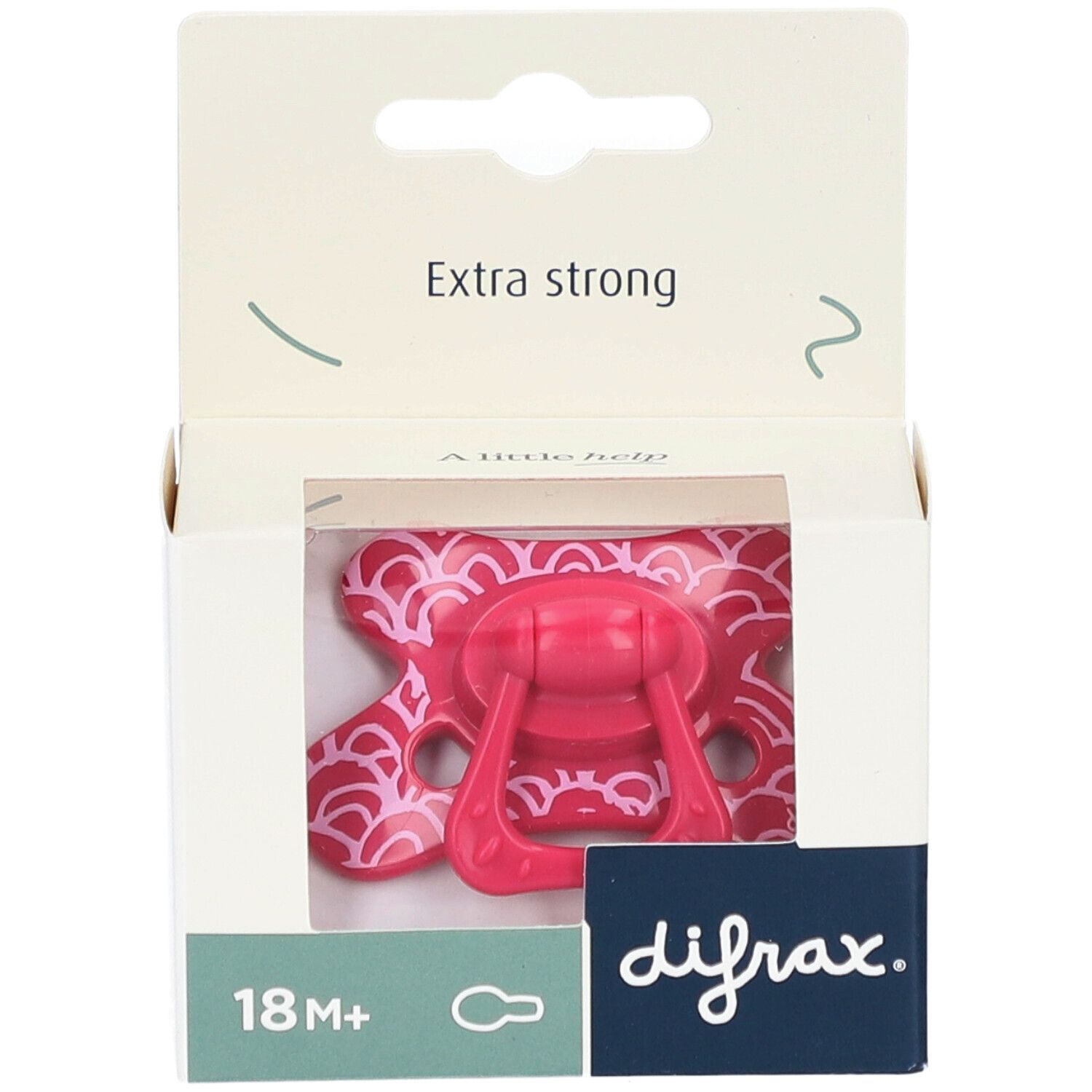 Sucette rose dans un emballage jaune. Inscription : Extra Strong, 20+ mois, Natural.