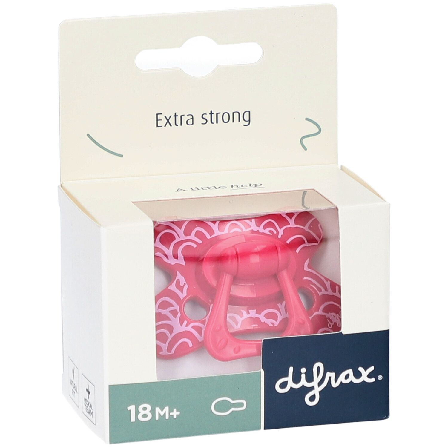 Sucette rose dans un emballage jaune. Inscription : Extra Strong, 20+ mois, Natural.