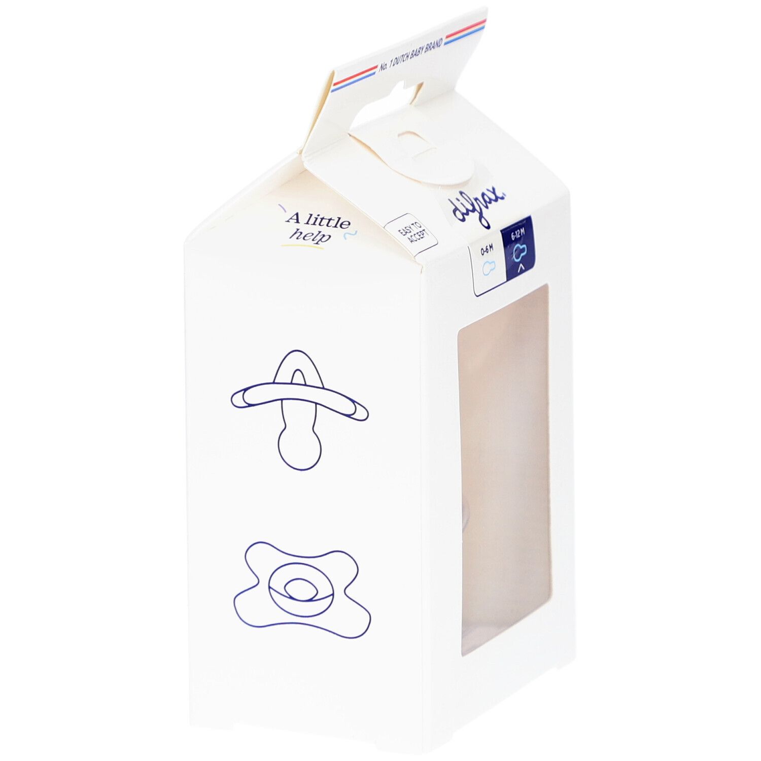 Emballage blanc avec logo et illustrations. Marque: Difrax. Texte: A little help. Avec fenêtre.