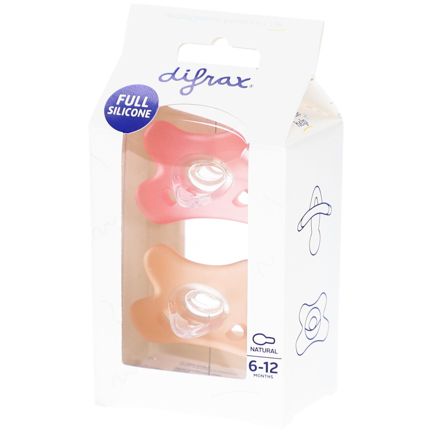 Emballage avec deux sucettes. Visible: silicone, transparent. Marque: Difrax. Texte: 6-12 mois.