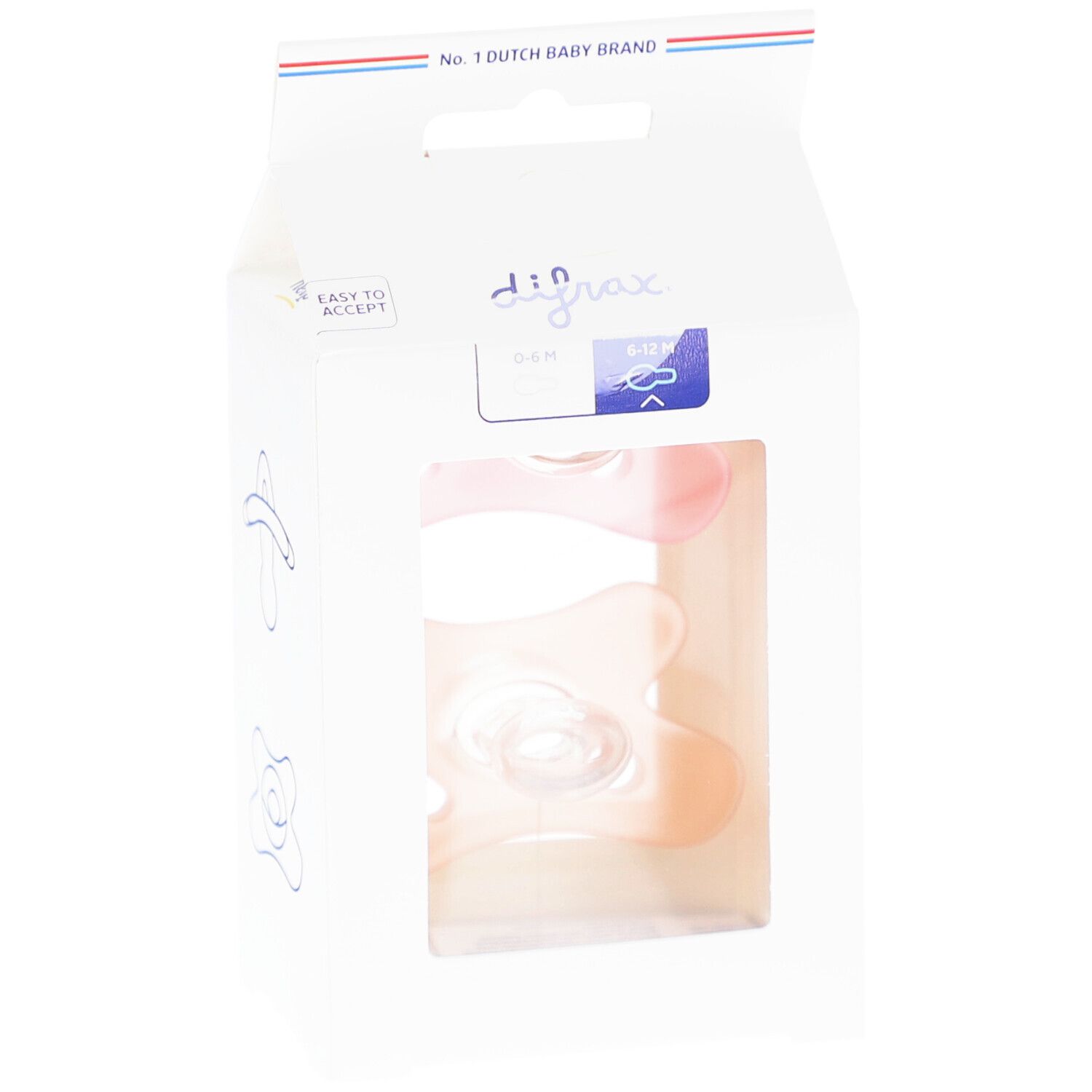 Emballage avec deux sucettes. Visible: 6-12M, silicone, transparent. Marque: Difrax. Texte: Easy to accept.