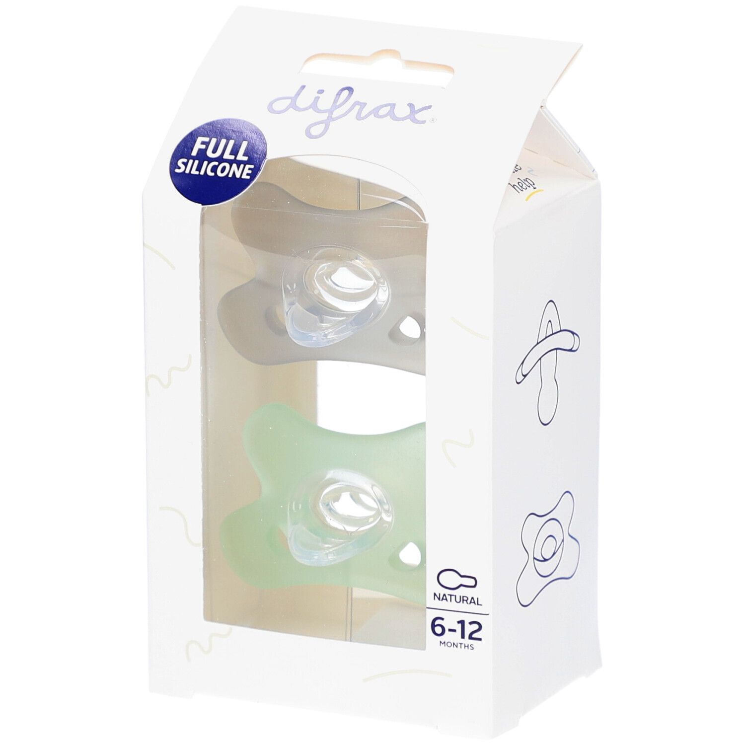 Emballage de deux sucettes en silicone. Une verte et une grise sont visibles. Inscriptions : "FULL SILICONE" et "6-12 MONTHS".