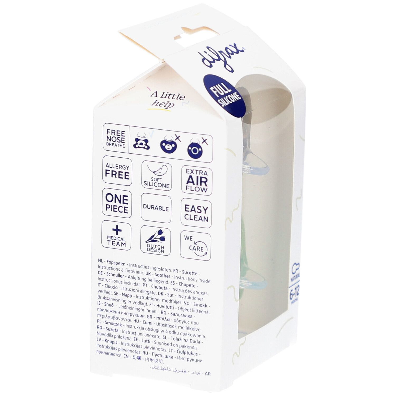 Emballage de sucettes. Icônes et texte sur l'emballage. Le texte donne des informations sur les caractéristiques du produit.