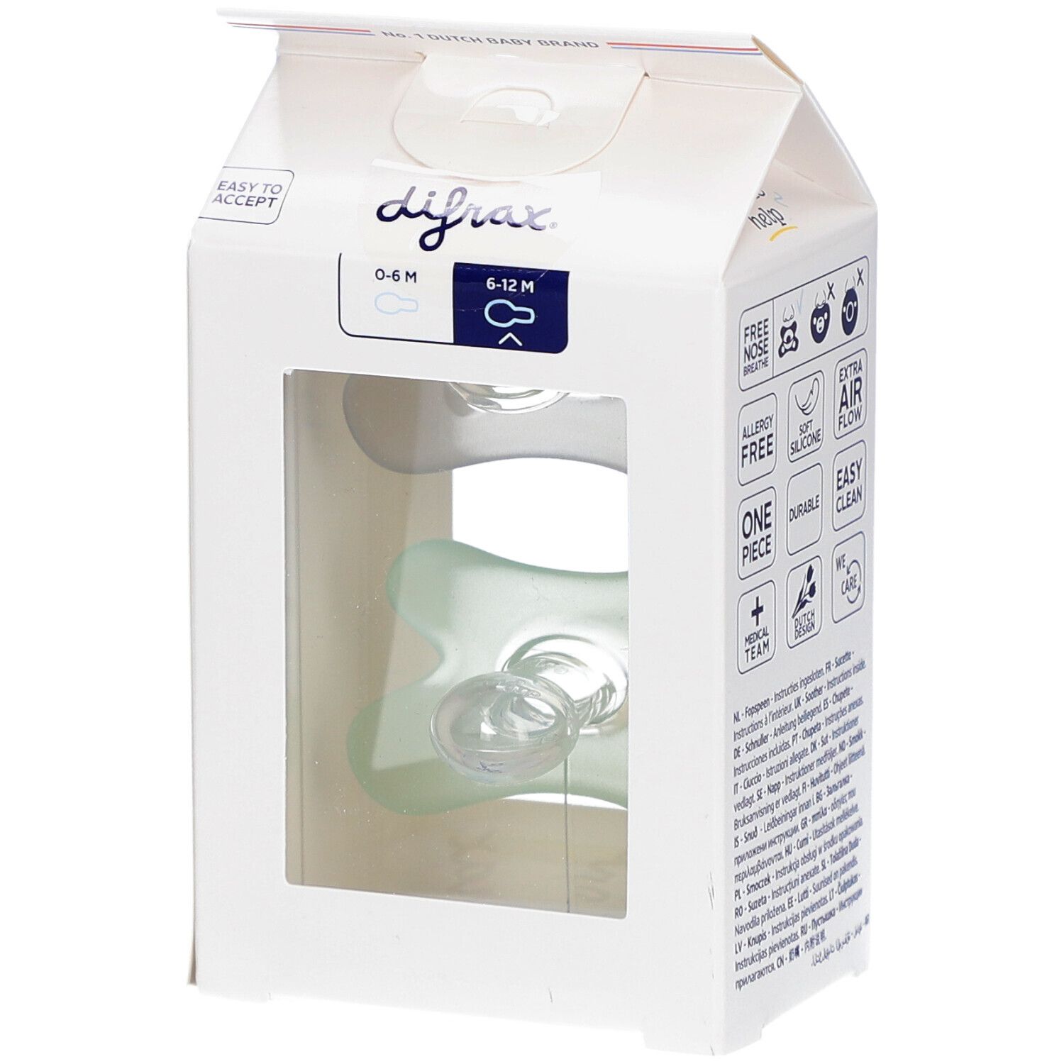 Emballage de sucettes. Inscriptions "0-6 M" et "6-12 M". L'emballage a une fenêtre qui révèle les sucettes.