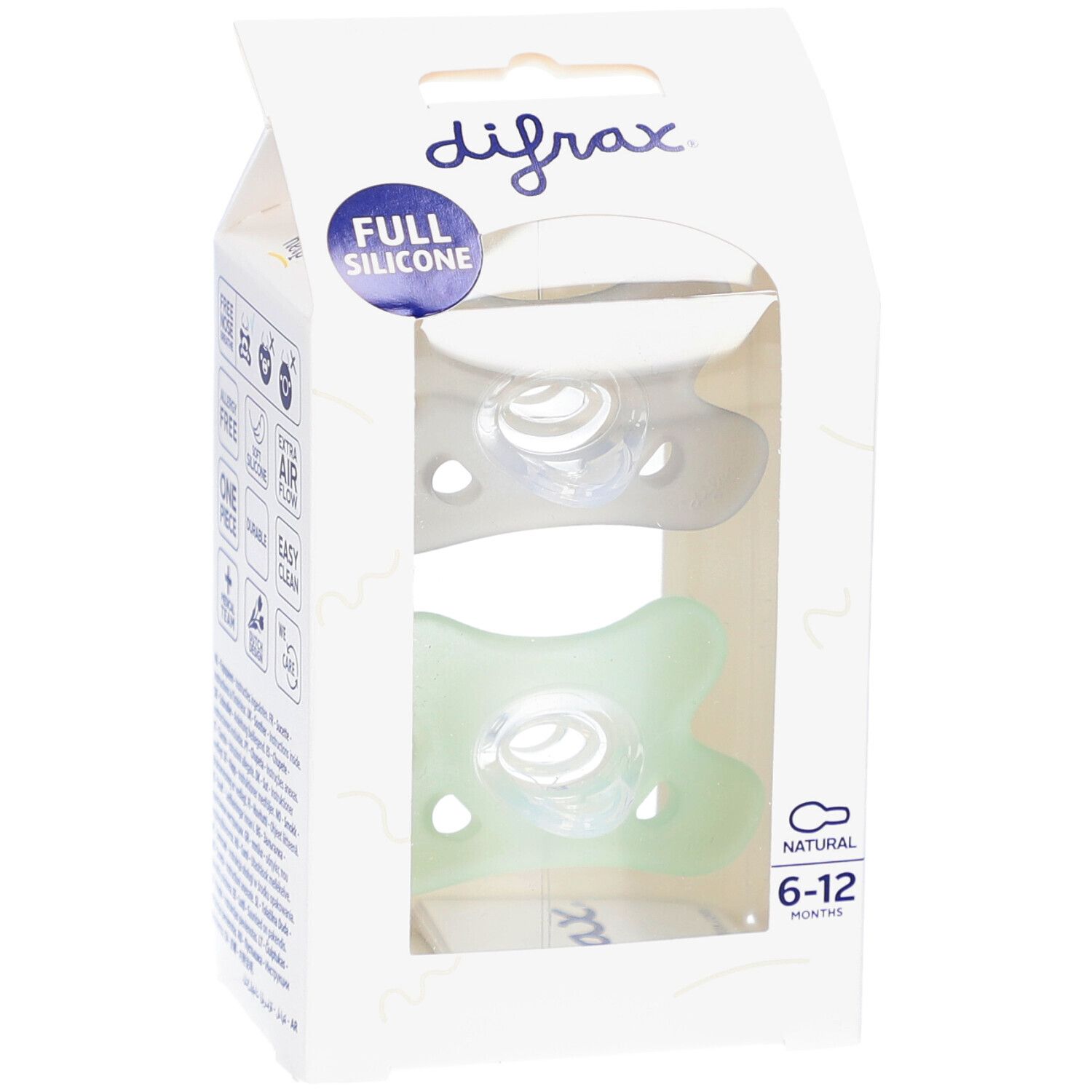 Emballage de deux sucettes. Deux sucettes sont visibles. Inscriptions : "FULL SILICONE" et "6-12 MONTHS".