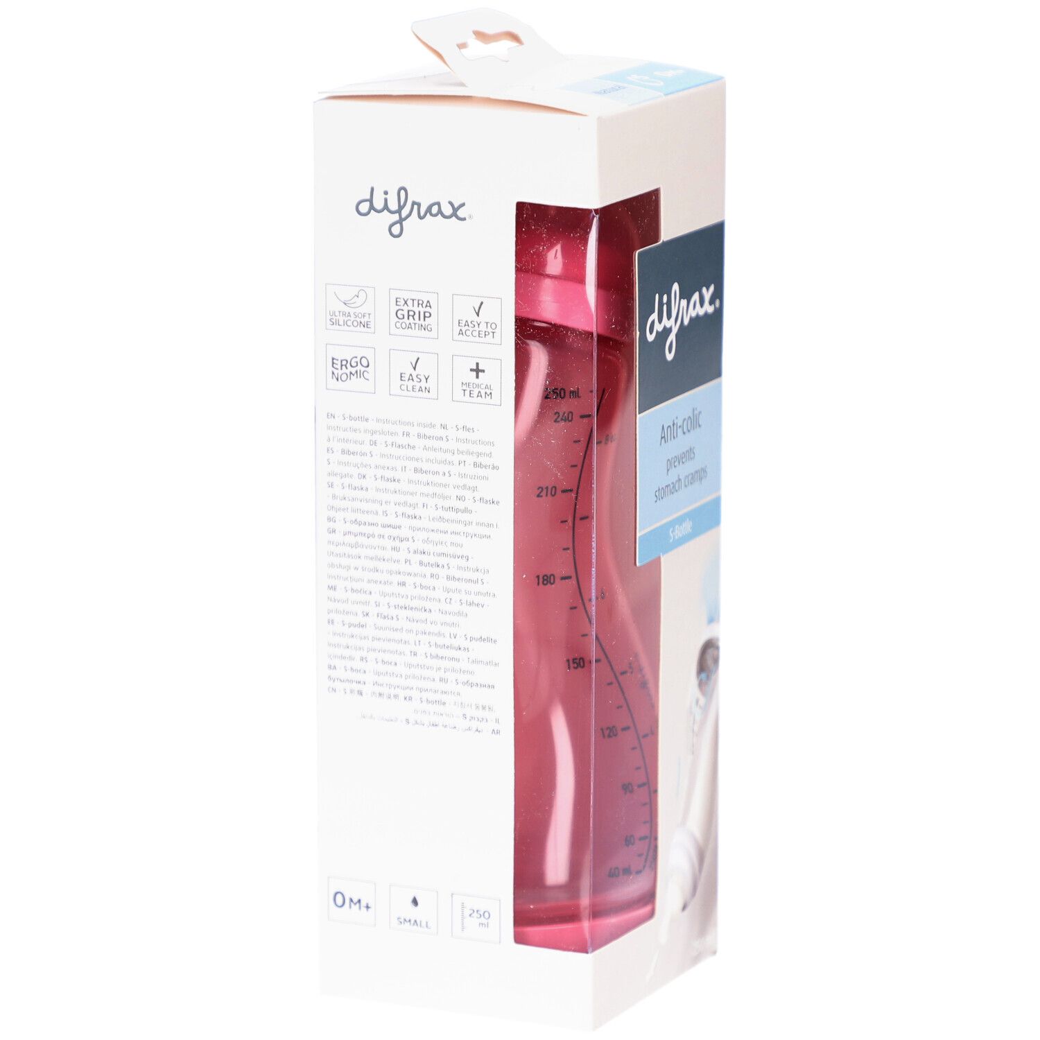 Emballage de biberon Difrax. Anti-colique, prévient les crampes d'estomac. Biberon rose, graduation.