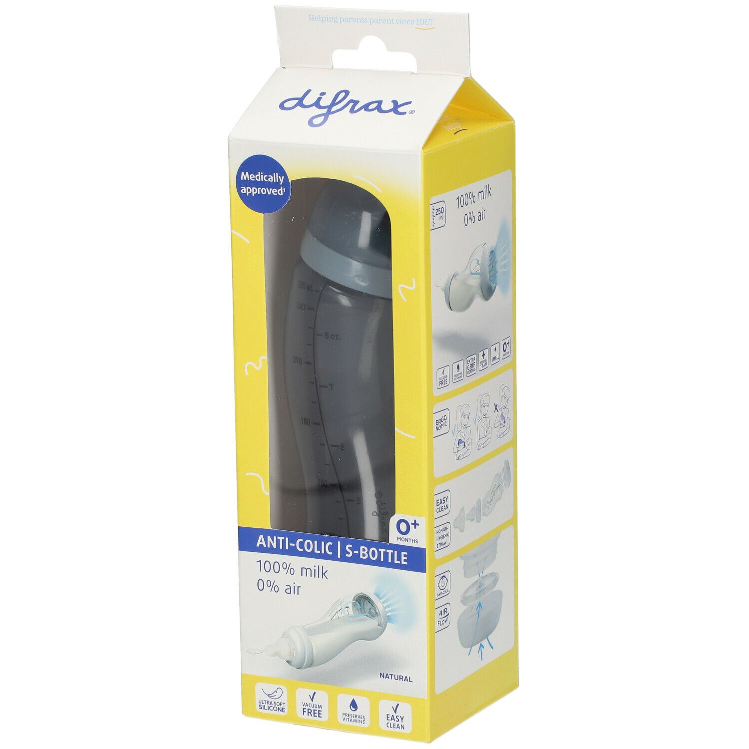 Biberon dans un emballage jaune. Visible : biberon gris foncé, anneaux bleus, texte : Anti-colique, 0+ mois, 100% lait, 0% air.