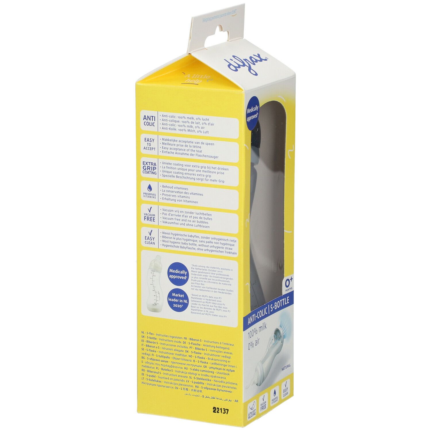 Emballage jaune avec biberon. Texte : Anti-colique, 0+ mois, 100% lait, 0% air. Informations et illustrations imprimées.