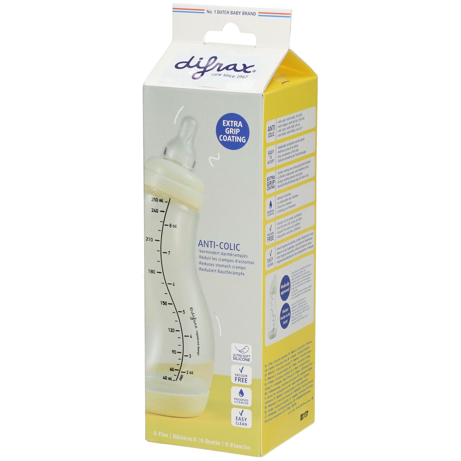 Biberon dans un emballage jaune. Biberon transparent avec échelle de mesure. Texte : Anti-colique, Extra Grip Coating, 0+ mois.