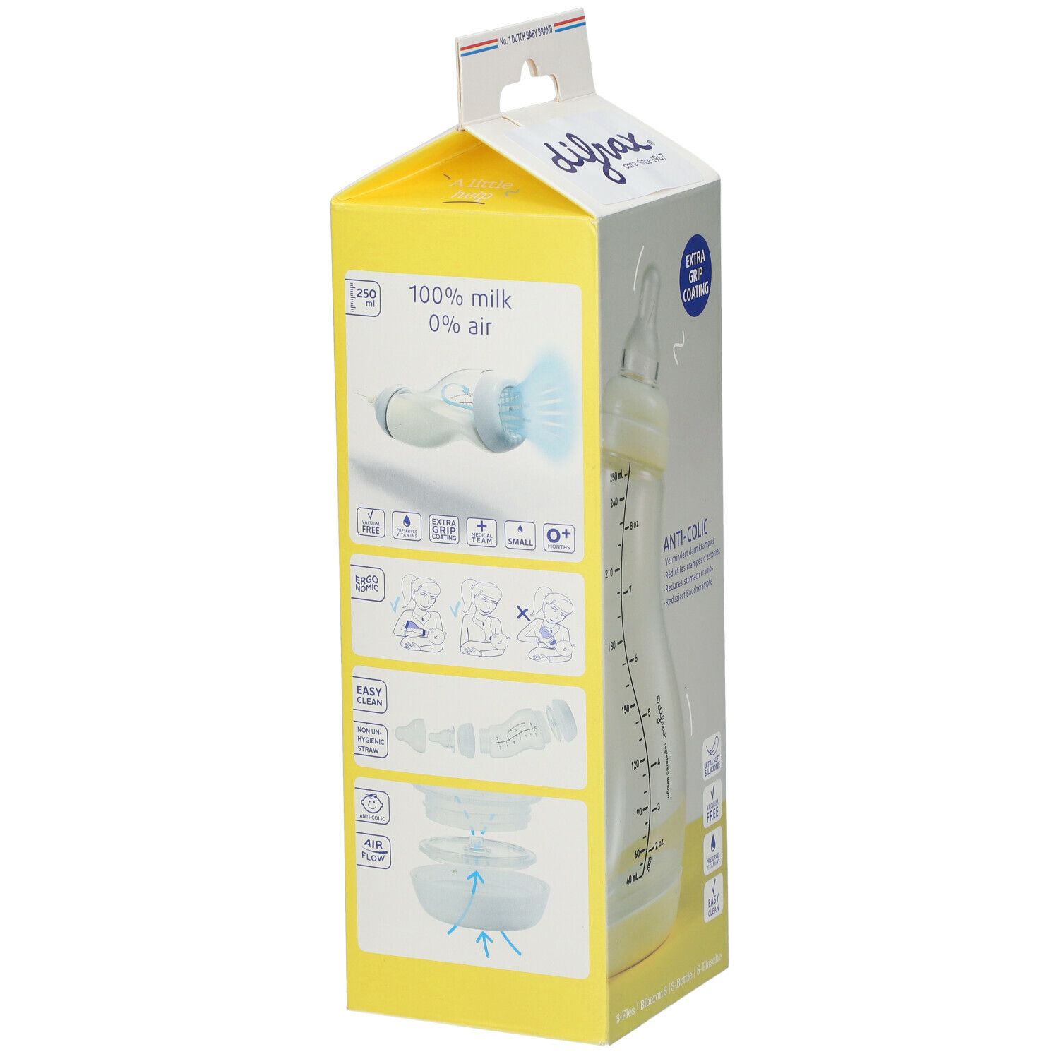 Emballage jaune avec biberon. Texte : 100% lait, 0% air, Anti-colique. Illustrations montrant les composants du biberon.