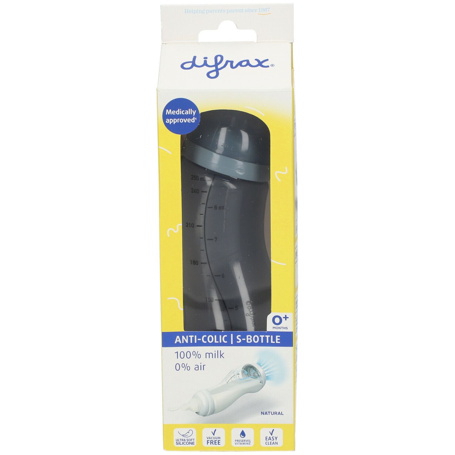 Biberon dans un emballage jaune. Biberon gris foncé avec échelle de mesure. Texte : Anti-colique, 0+ mois, 100% lait, 0% air.
