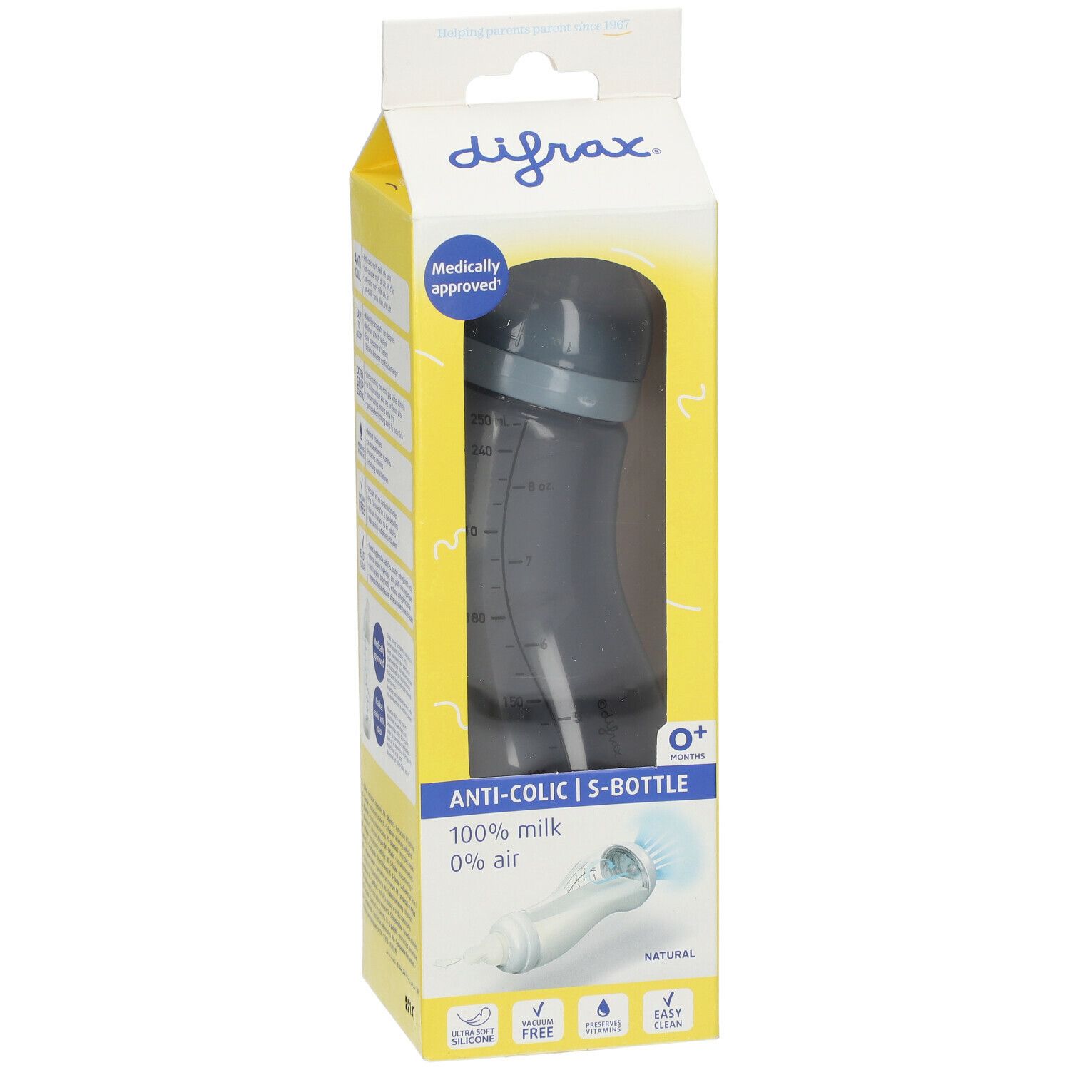 Biberon dans un emballage jaune. Biberon gris foncé avec échelle de mesure. Texte : Anti-colique, 0+ mois, 100% lait, 0% air.