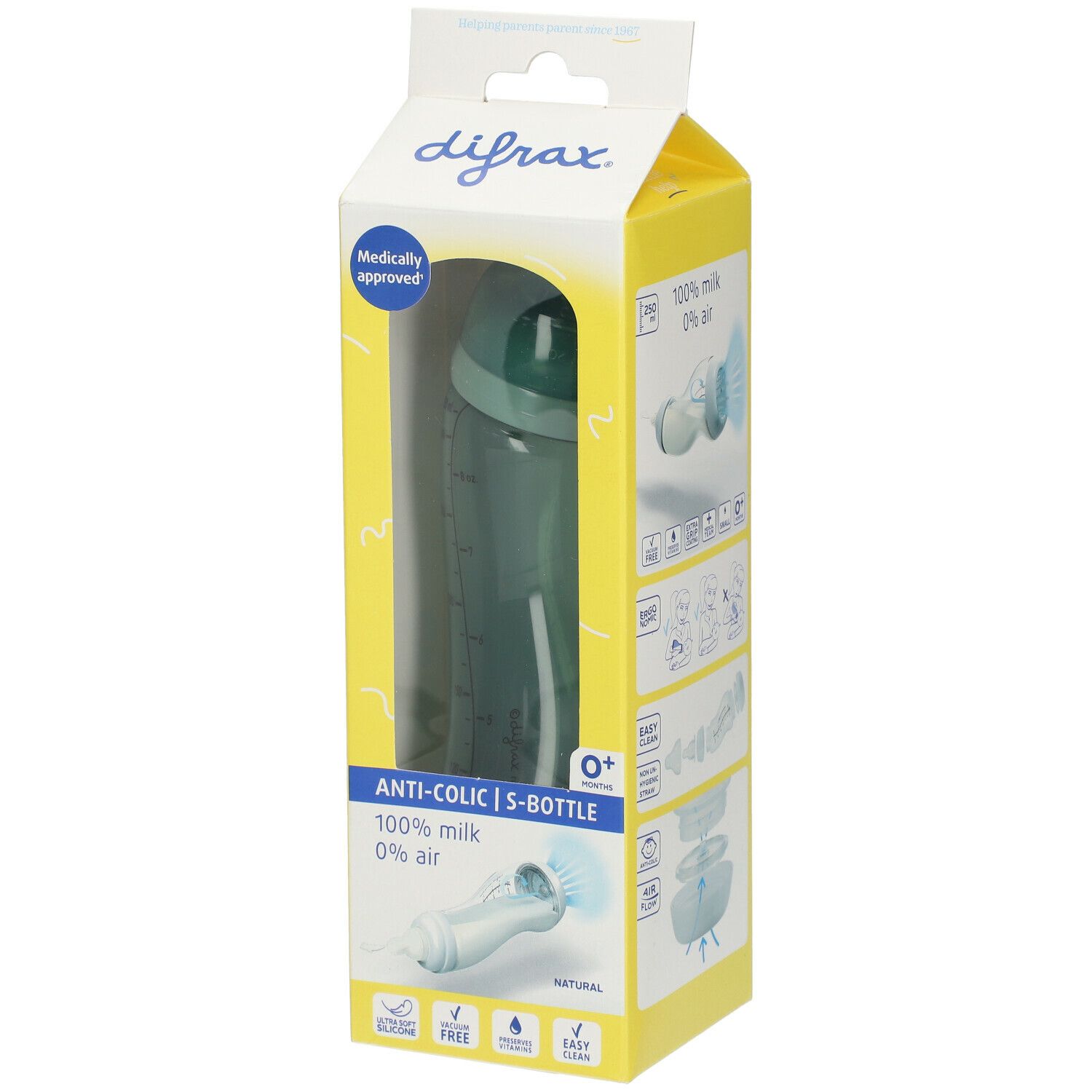Emballage de biberon vert. Flacon avec graduation. Inscription: Anti-colique, 0+ mois.