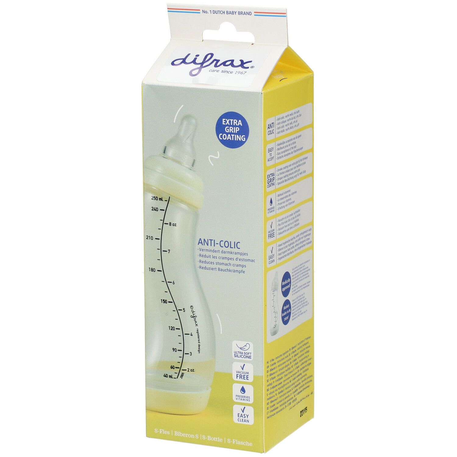 Biberon dans son emballage. Bouteille transparente avec graduation. Inscription: Anti-colique, Extra Grip Coating.