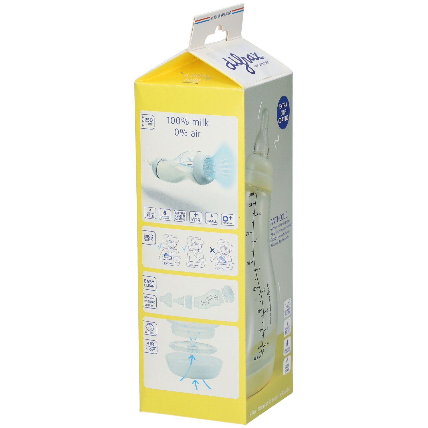 Emballage avec biberon. Bouteille avec graduation. Inscription: Anti-colique, 0+ mois, 100% lait, 0% air.