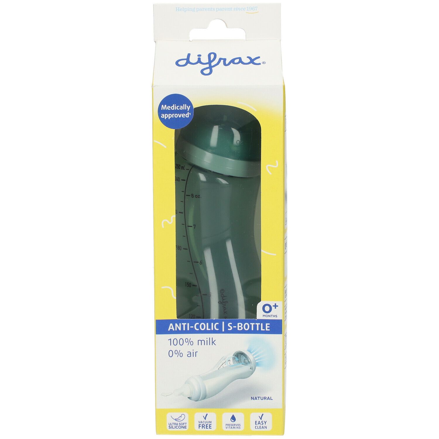 Biberon dans son emballage. Bouteille verdâtre avec graduation. Inscription: Anti-colique, 0+ mois, 100% lait, 0% air.