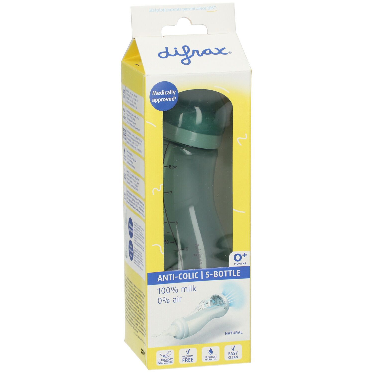 Biberon dans son emballage. Bouteille verdâtre avec graduation. Inscription: Anti-colique, 0+ mois, 100% lait, 0% air.