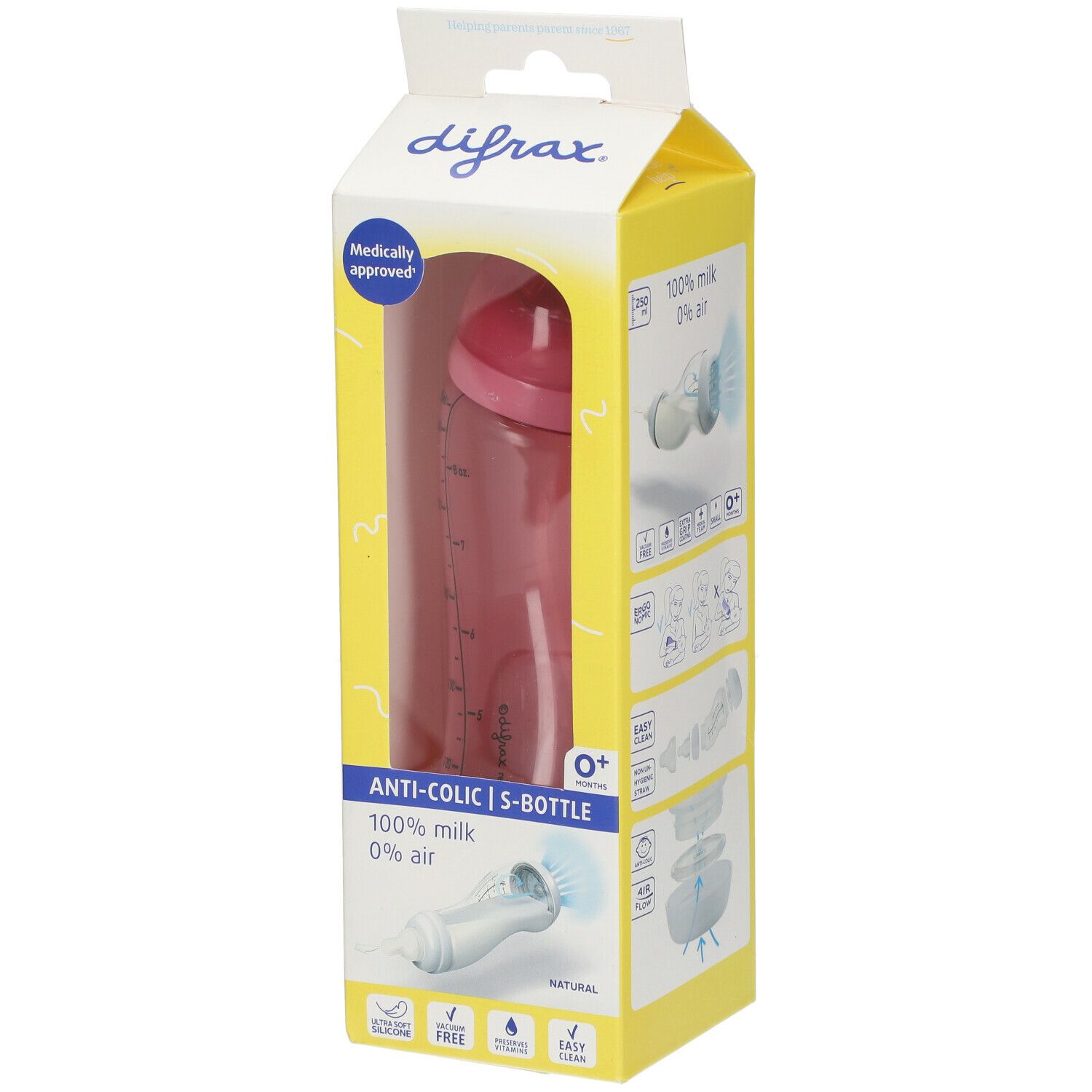Biberon rose dans son emballage. Échelle de mesure visible. Inscription : Anti-colique, 0+.