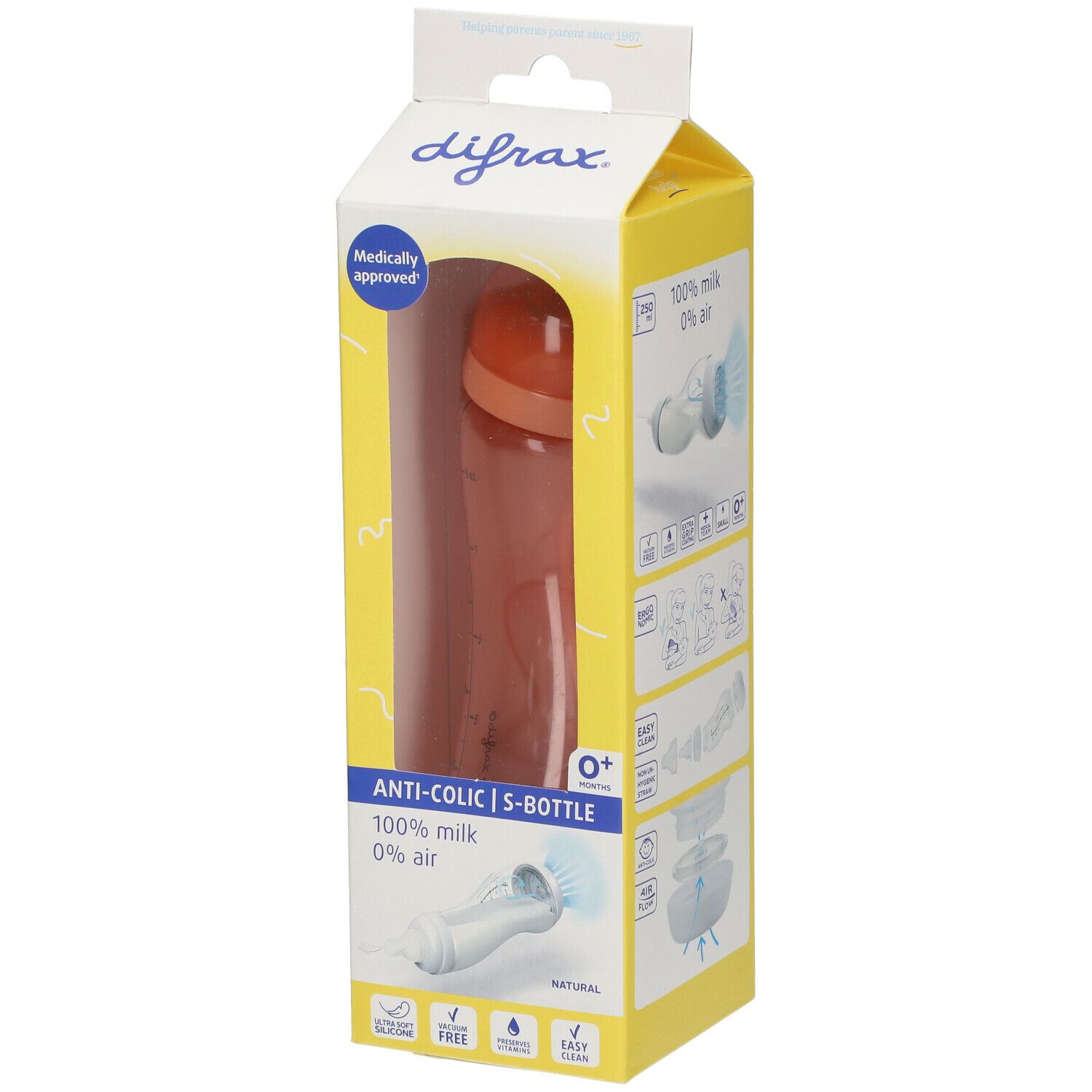 Biberon dans son emballage. Biberon orange avec couvercle, dans un emballage jaune et blanc. "Anti-Colic" et "0+" sur l'emballage.