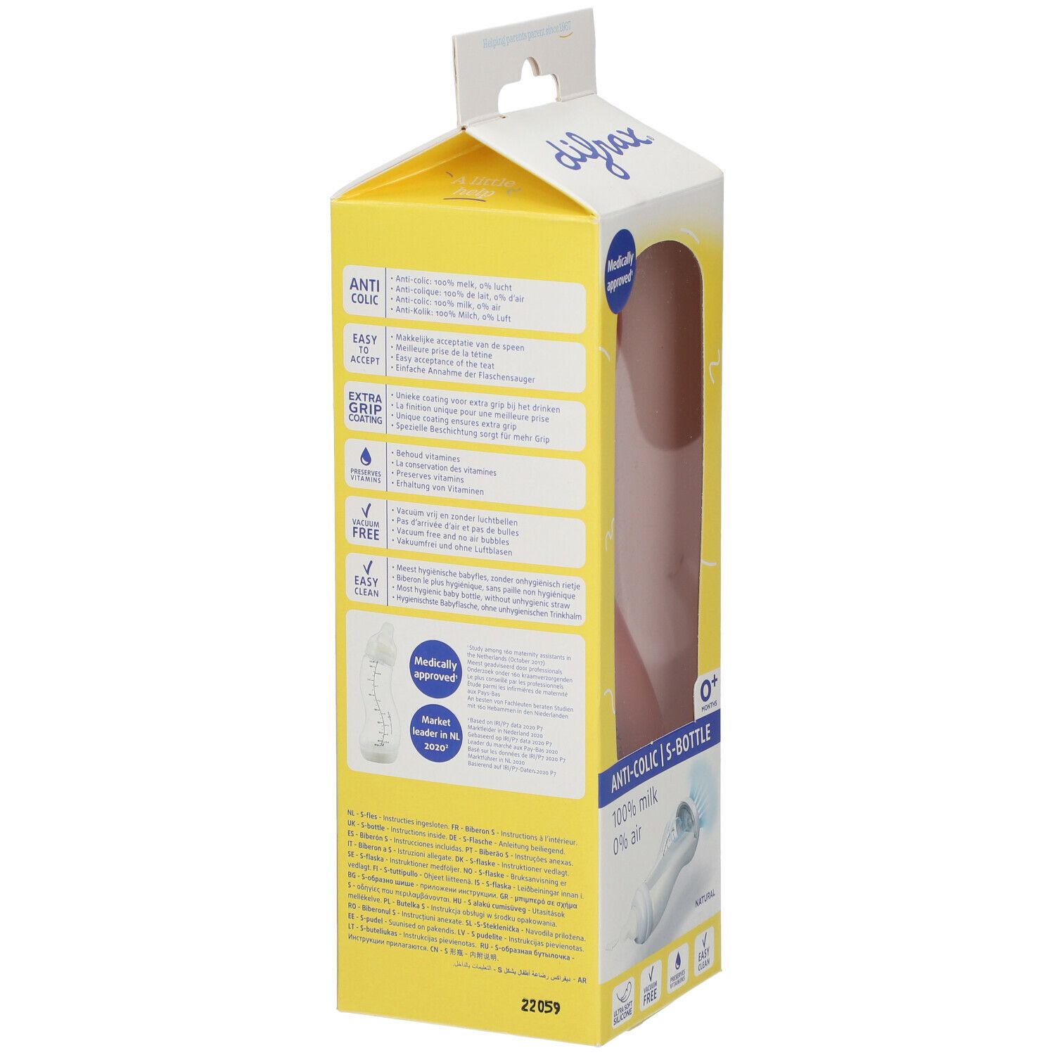 Dos de l'emballage du biberon. Emballage jaune avec informations sur le produit et illustrations. "Anti-Colic" et "0+" sont visibles.