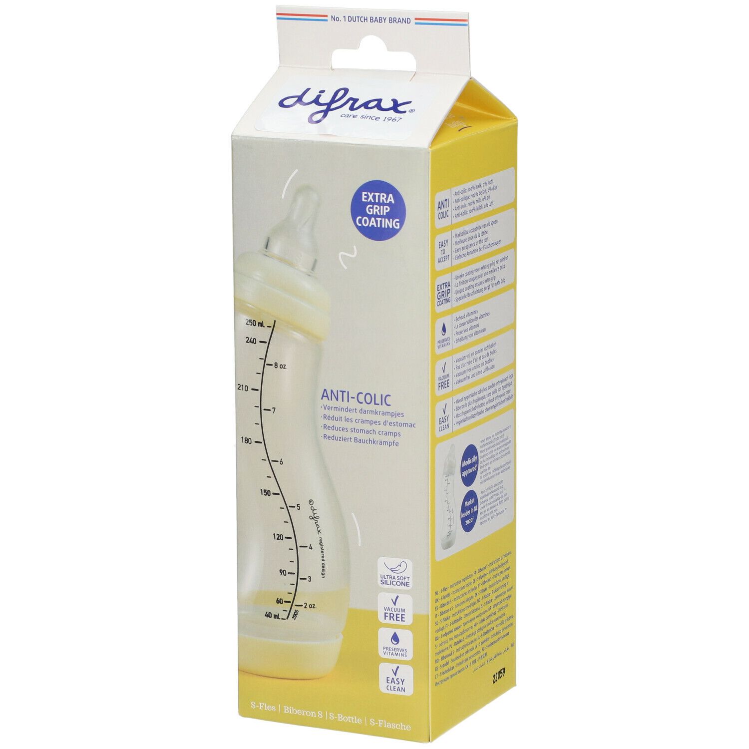 Biberon dans son emballage. Biberon transparent avec échelle de mesure, dans un emballage jaune et blanc. "Anti-Colic" et "0+" sont visibles.