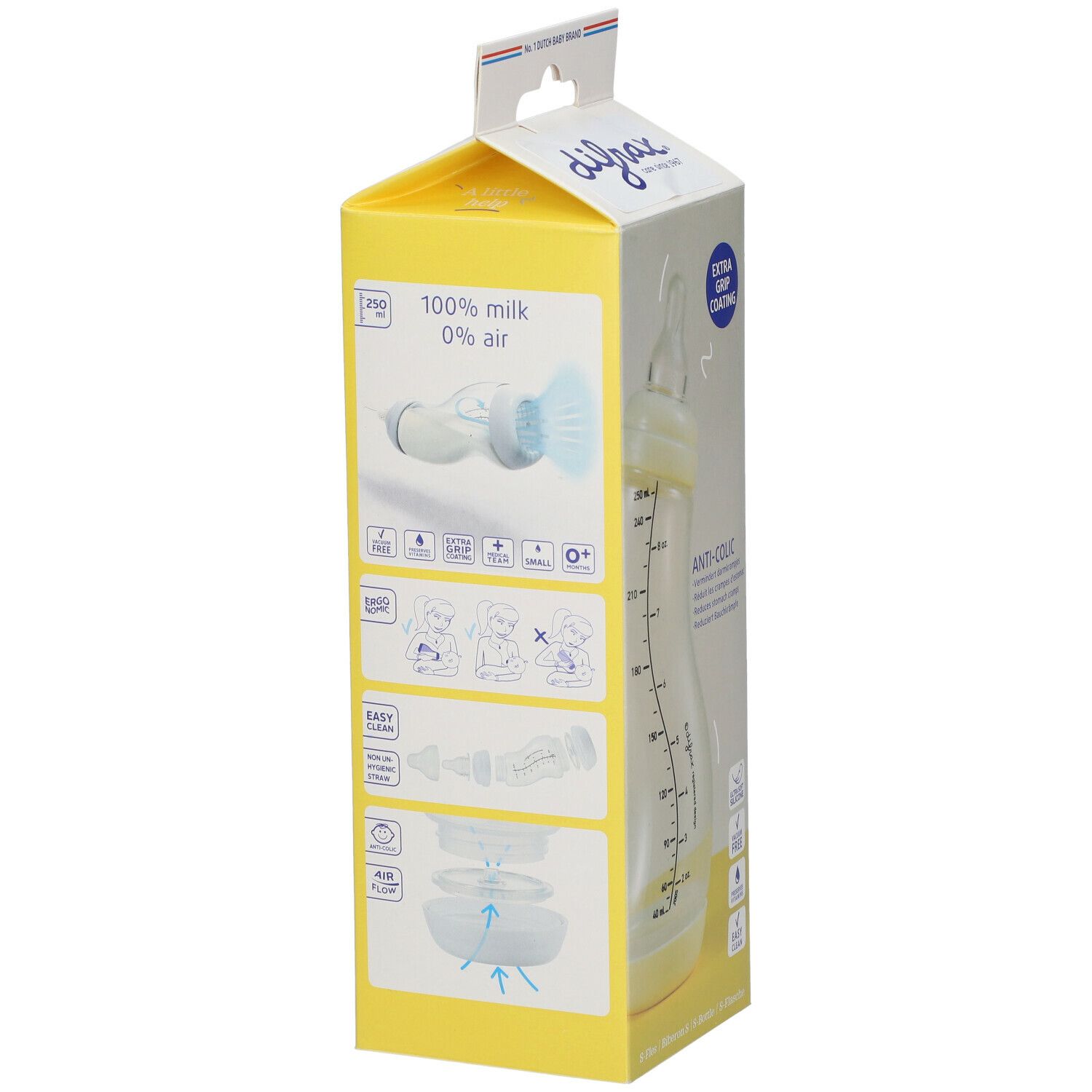 Biberon dans son emballage. Biberon transparent avec échelle de mesure, dans un emballage jaune et blanc. "Anti-Colic" et "0+" sont visibles.