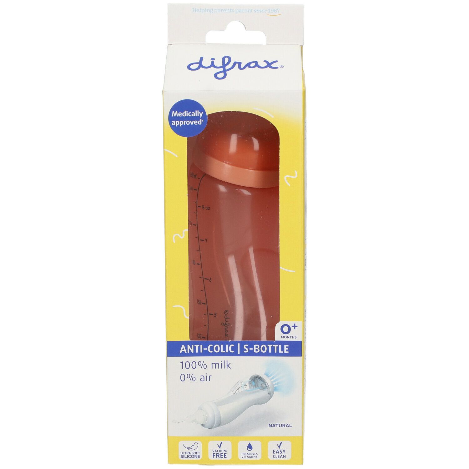Biberon dans son emballage. Biberon orange avec couvercle, dans un emballage jaune et blanc. "Anti-Colic" et "0+" sur l'emballage.